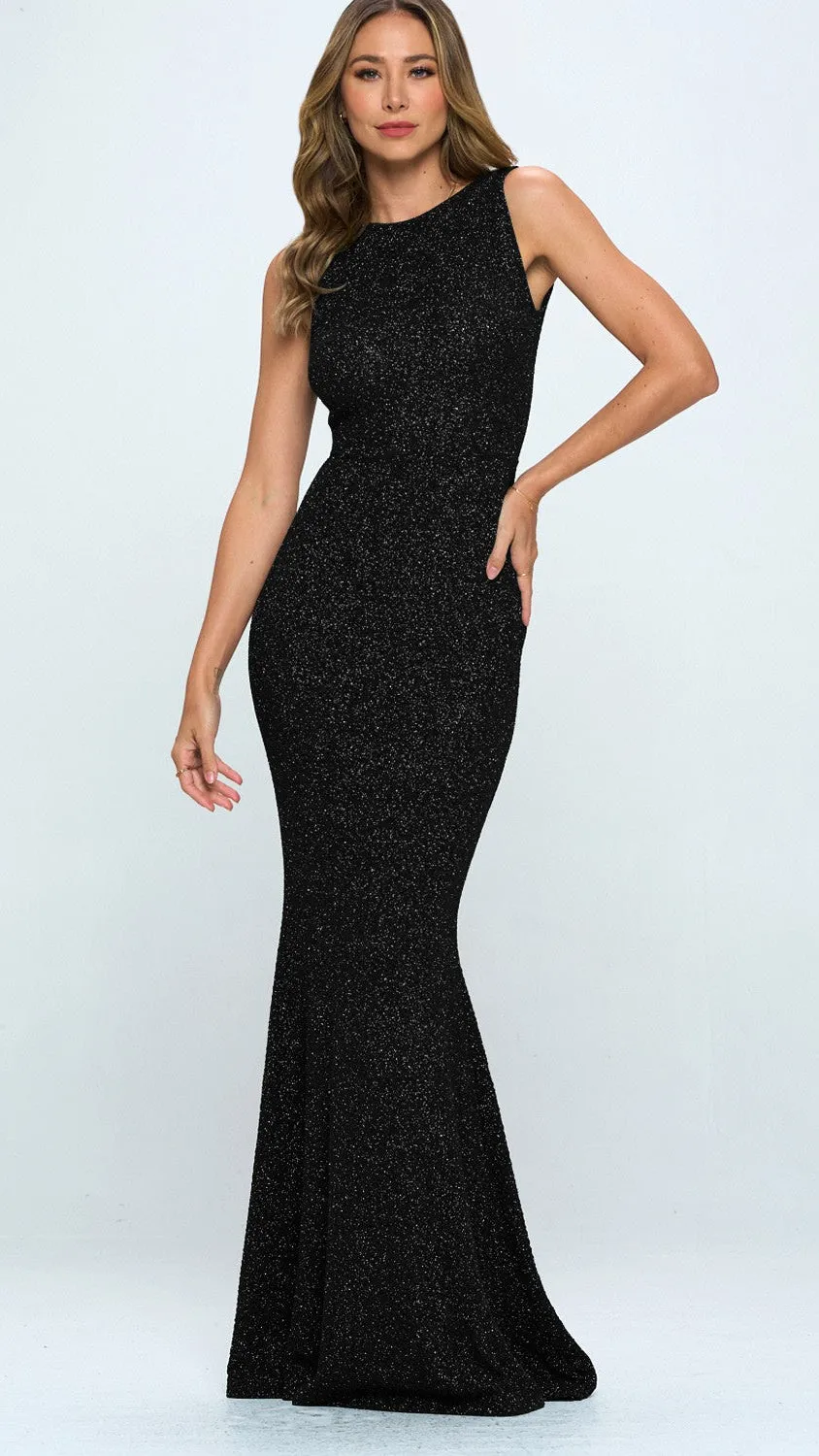 Low Back Bow Glitter Ruffle Maxi Dress