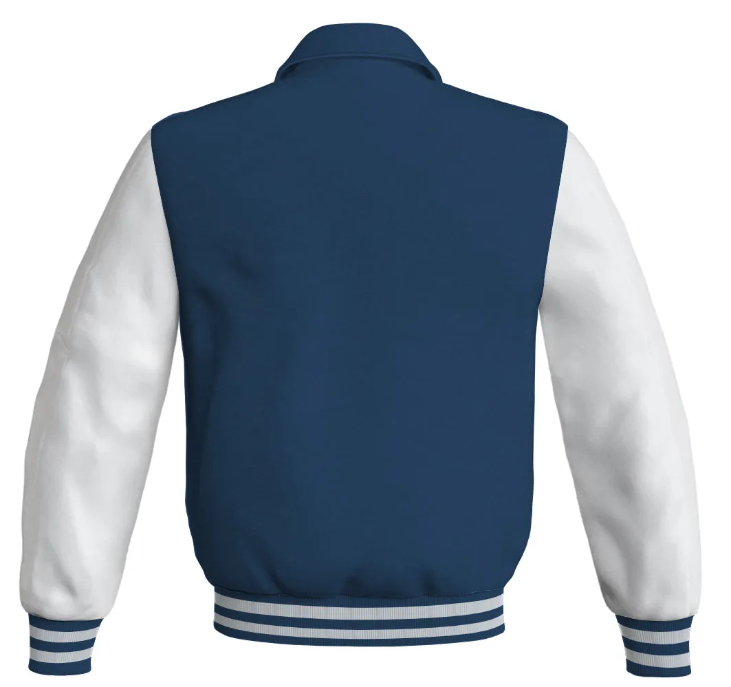 Luxury Bomber Classic Jacket Navy Blue Body and White Leather Sleeves