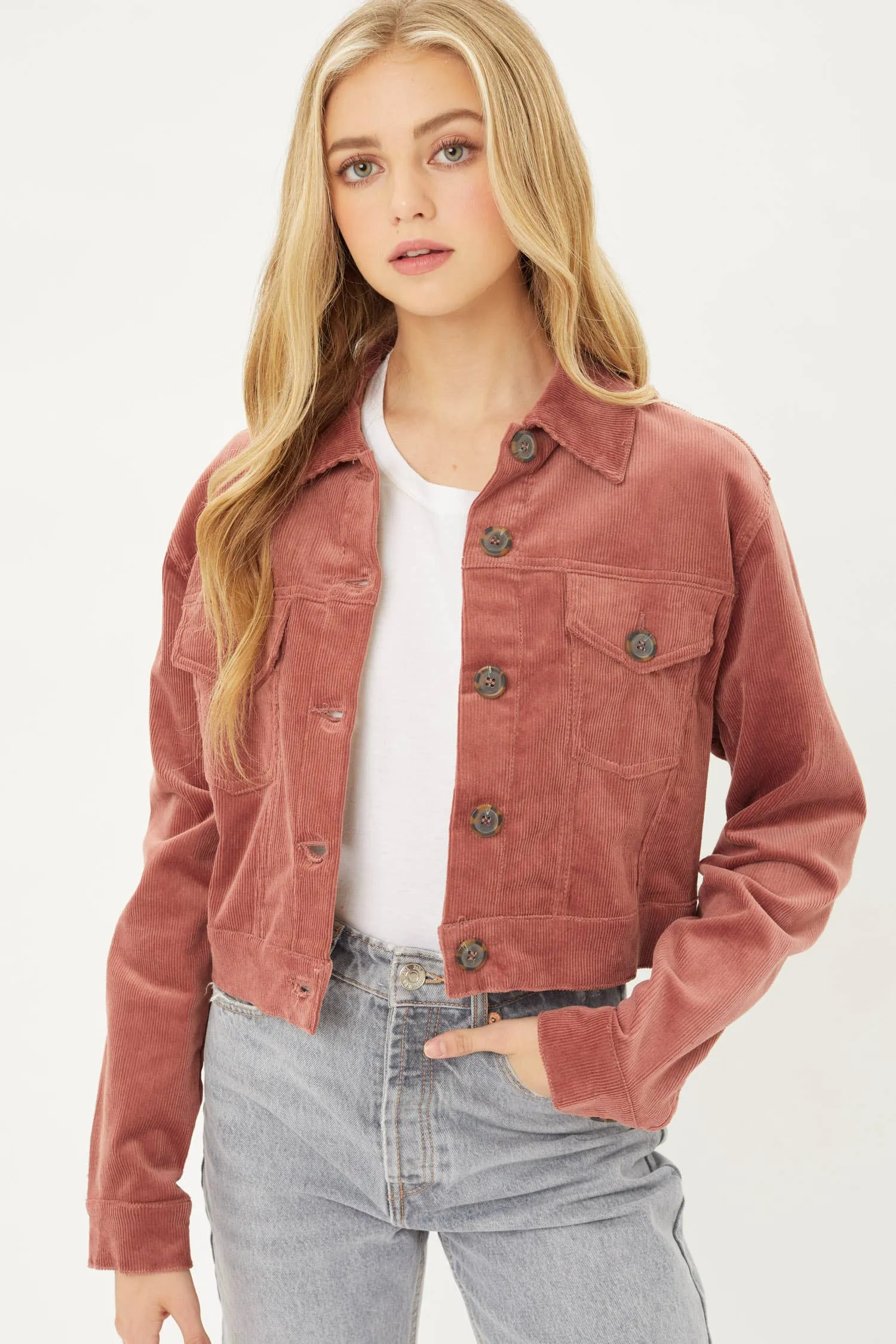 Mauve Tortoise Button Up Cropped Corduroy Jacket