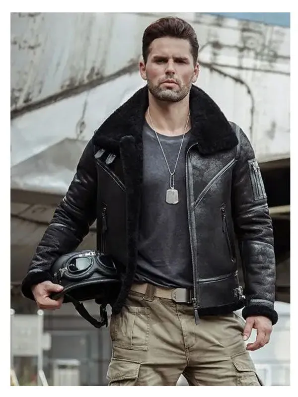 Mens Aviator Winter Coat Fur Bomber Leather Jacket