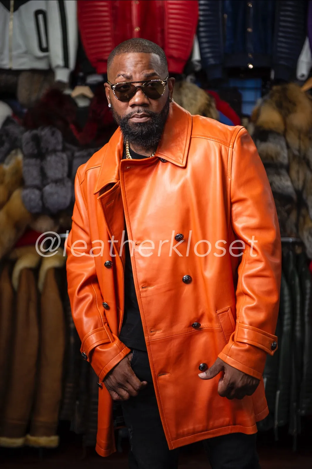 Men's Lambskin Leather Pea Coat [Orange]