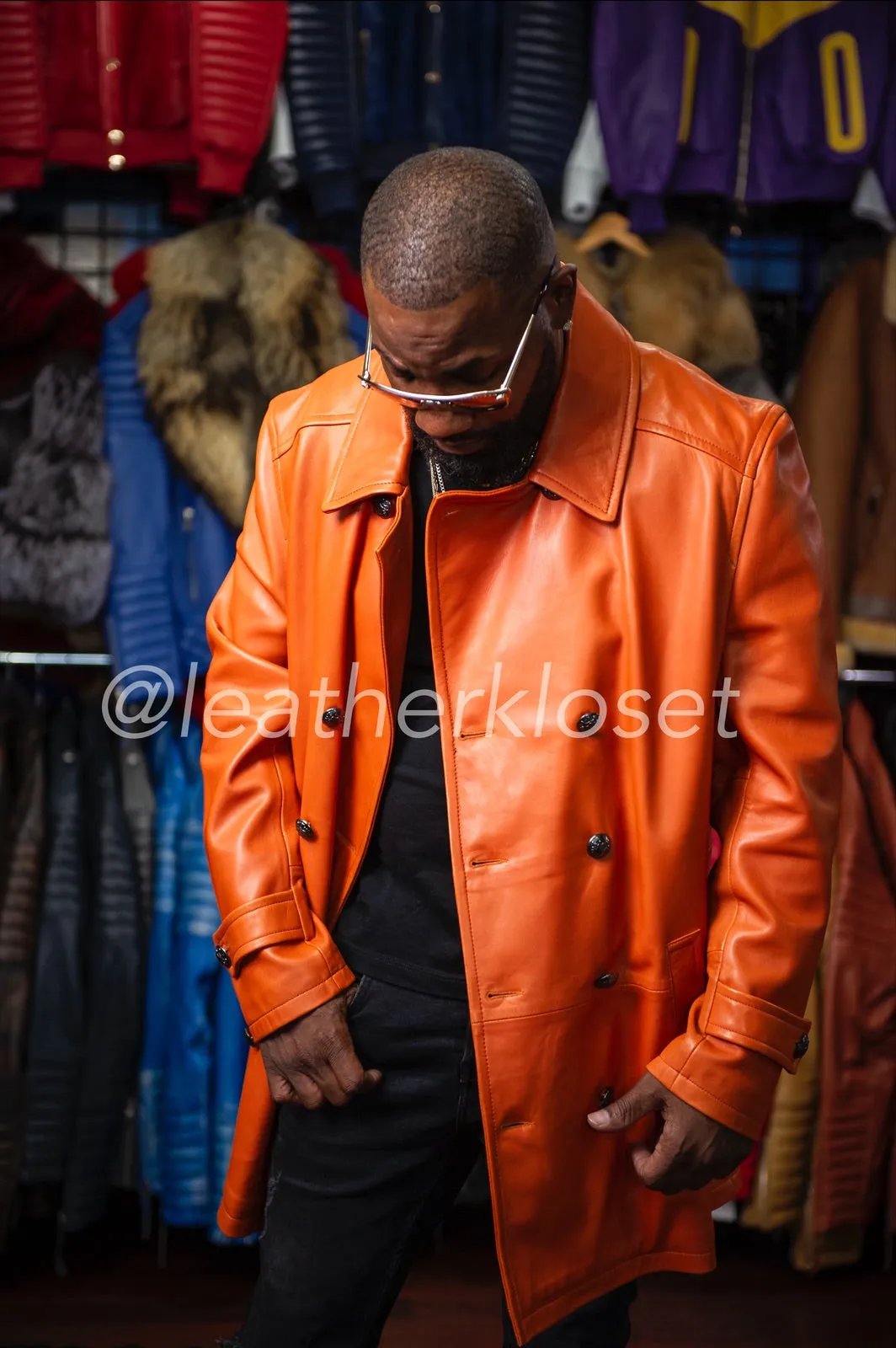 Men's Lambskin Leather Pea Coat [Orange]