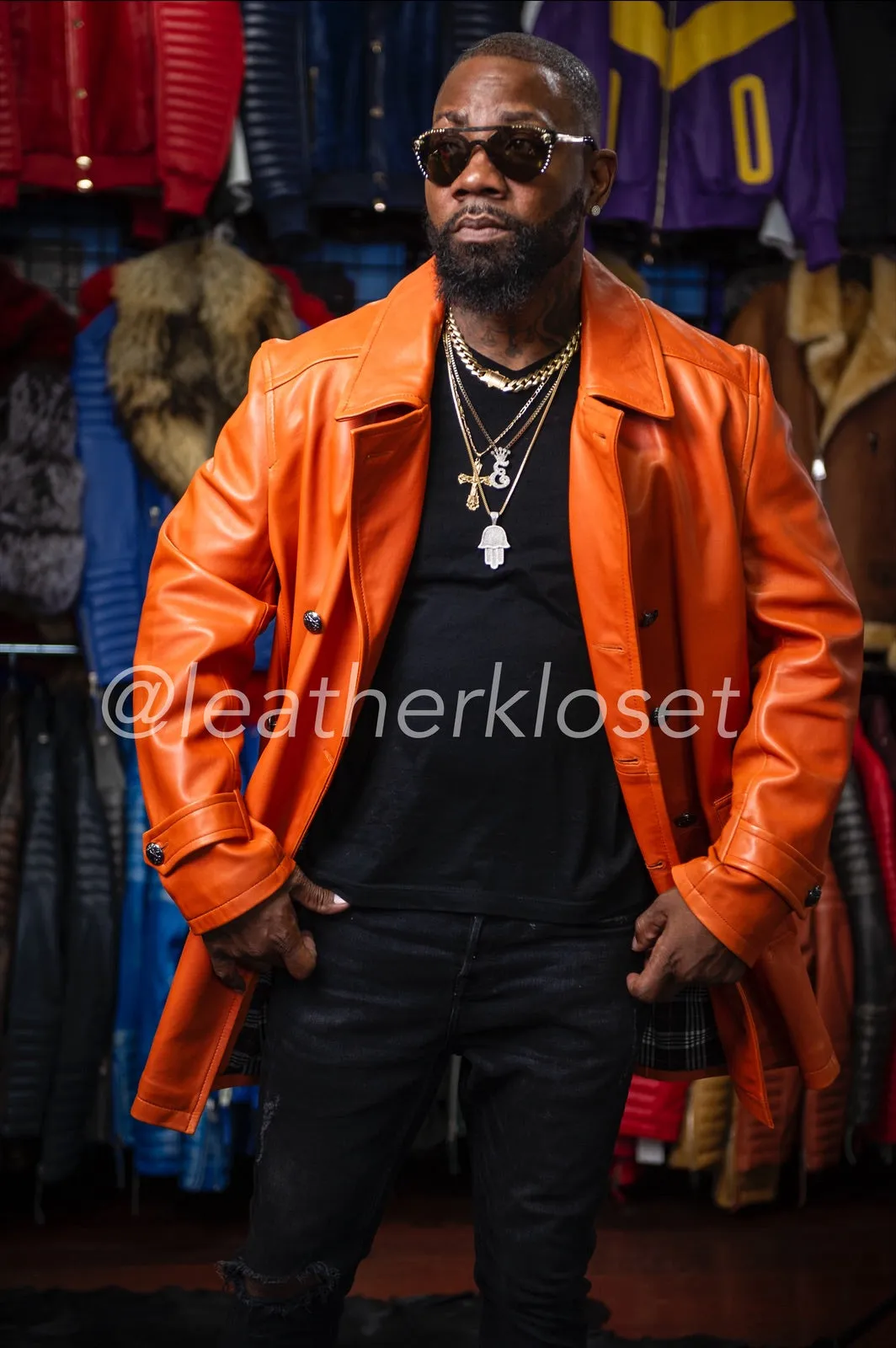 Men's Lambskin Leather Pea Coat [Orange]