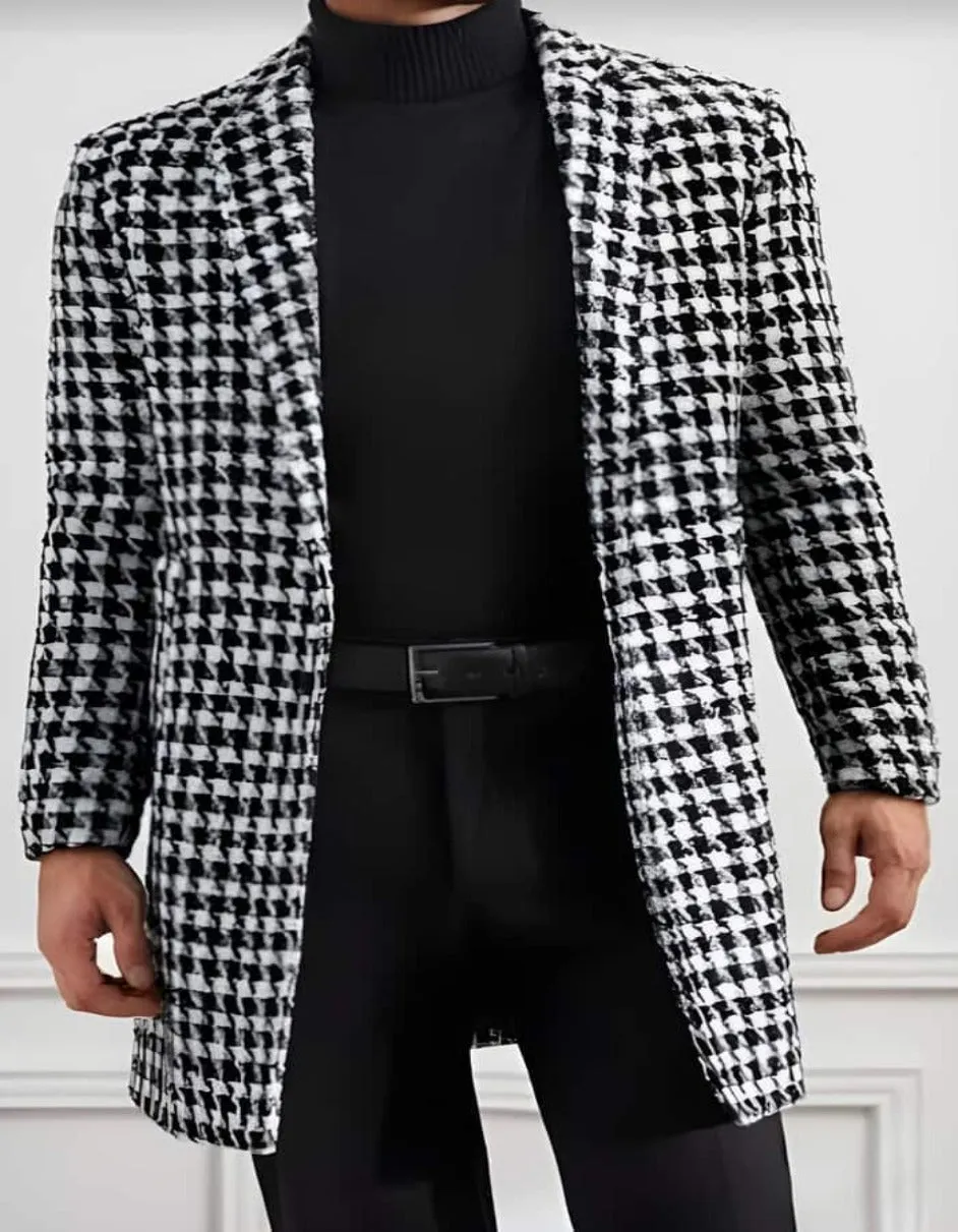 Mens Overcoat - Topcoat For Men - Winter Fabric - Mens Plaid Overcoat - Hounstooth Checker Pattern Topcoat - Black