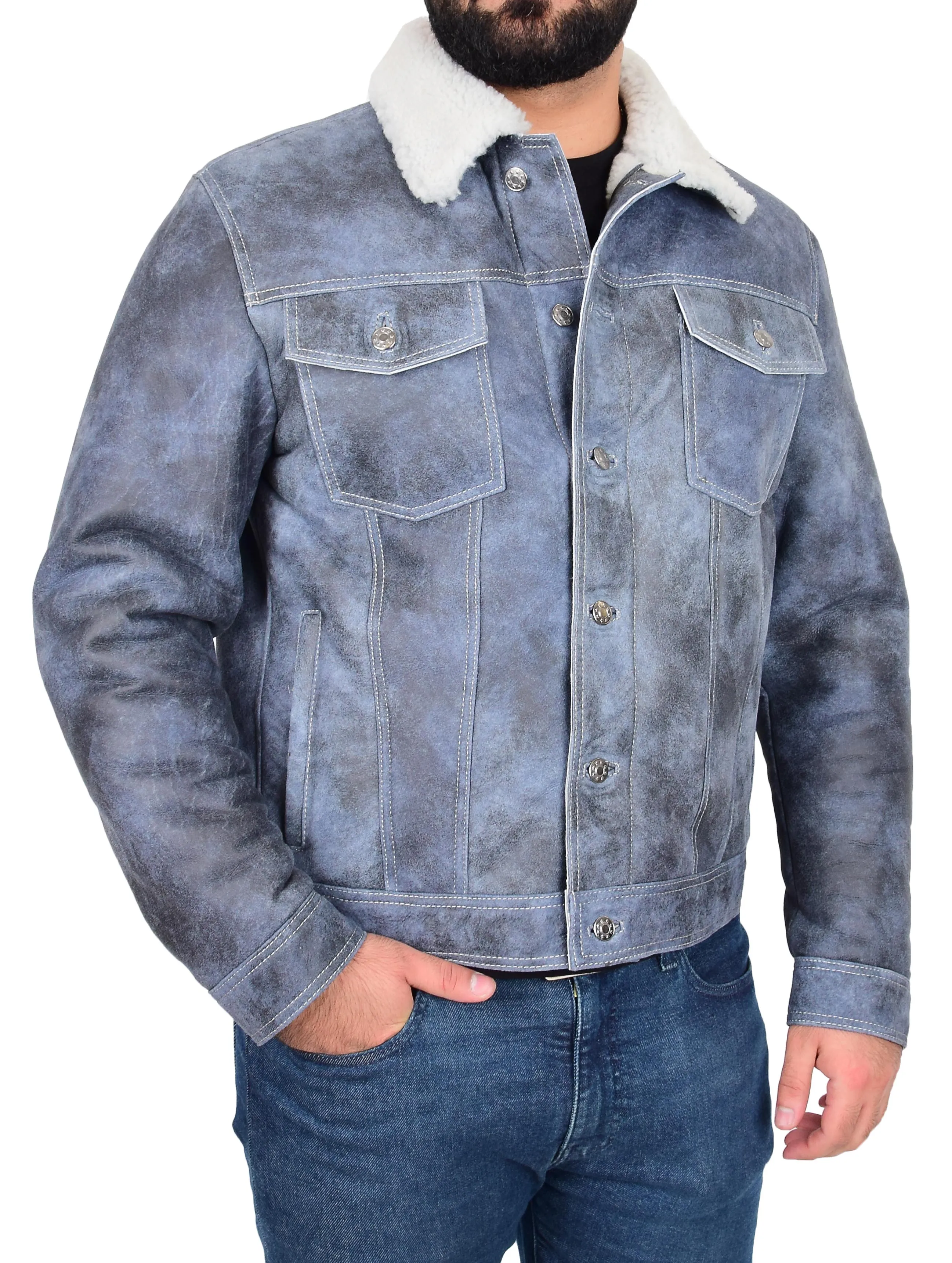 Mens Real Sheepskin American Trucker Jacket Blue Fitted Merino Curly Shearling Rudy