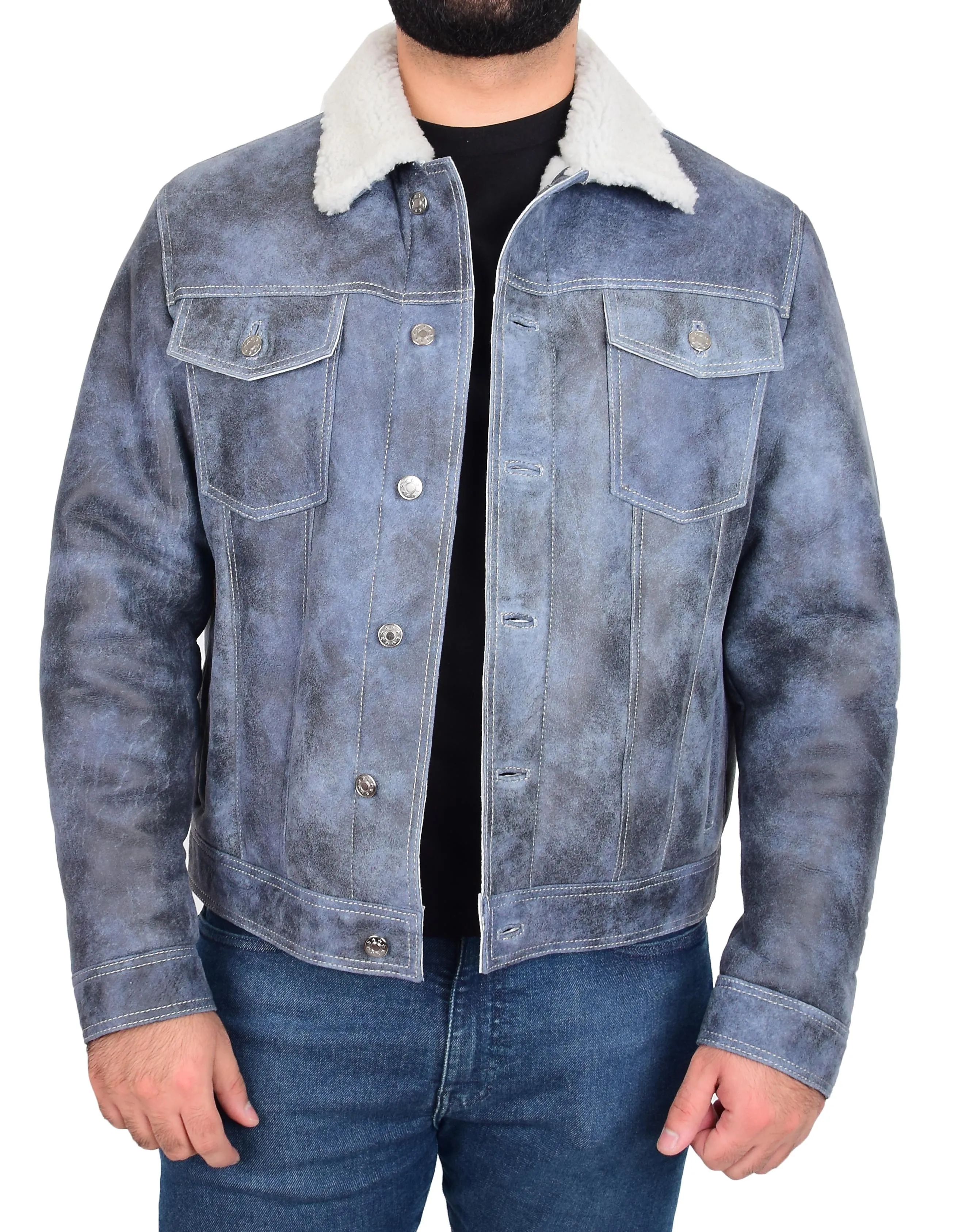 Mens Real Sheepskin American Trucker Jacket Blue Fitted Merino Curly Shearling Rudy