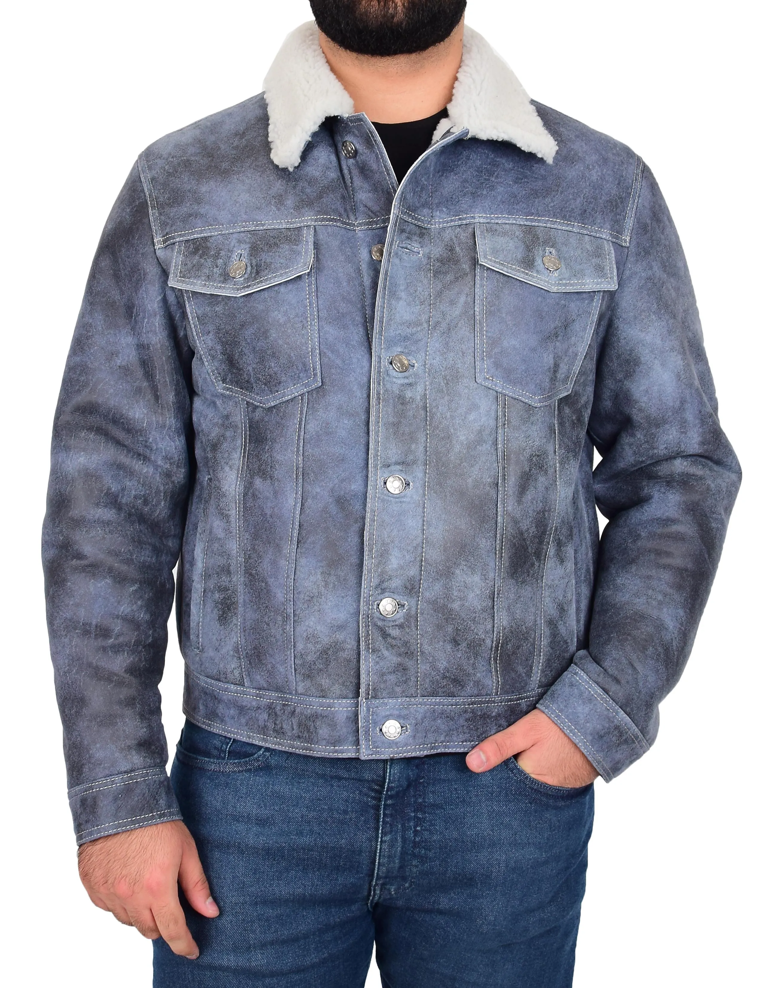 Mens Real Sheepskin American Trucker Jacket Blue Fitted Merino Curly Shearling Rudy