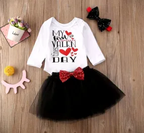 My Frist Valentines Day Romper with Black Tutu and Headband #1000867