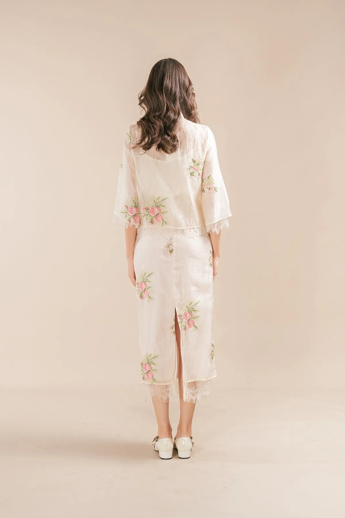 Nerossa Floral Organza Lace Chinese Knot Blouse and Maxi Skirt Set