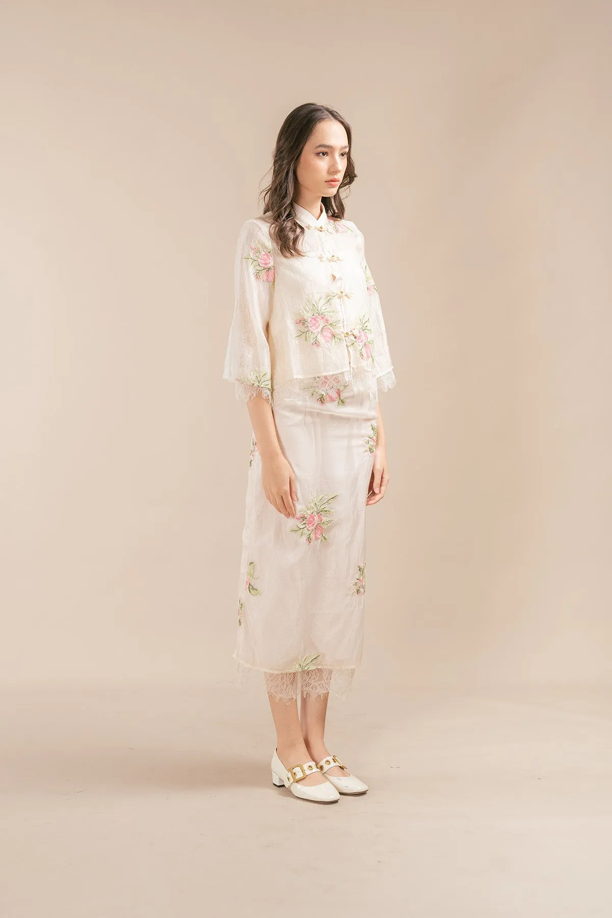 Nerossa Floral Organza Lace Chinese Knot Blouse and Maxi Skirt Set