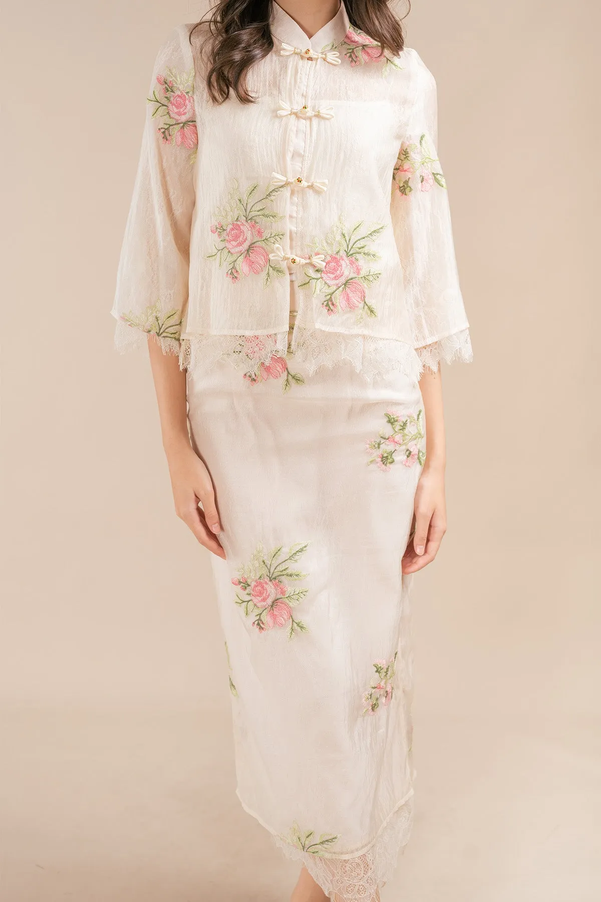 Nerossa Floral Organza Lace Chinese Knot Blouse and Maxi Skirt Set