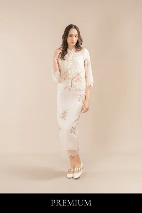 Nerossa Floral Organza Lace Chinese Knot Blouse and Maxi Skirt Set