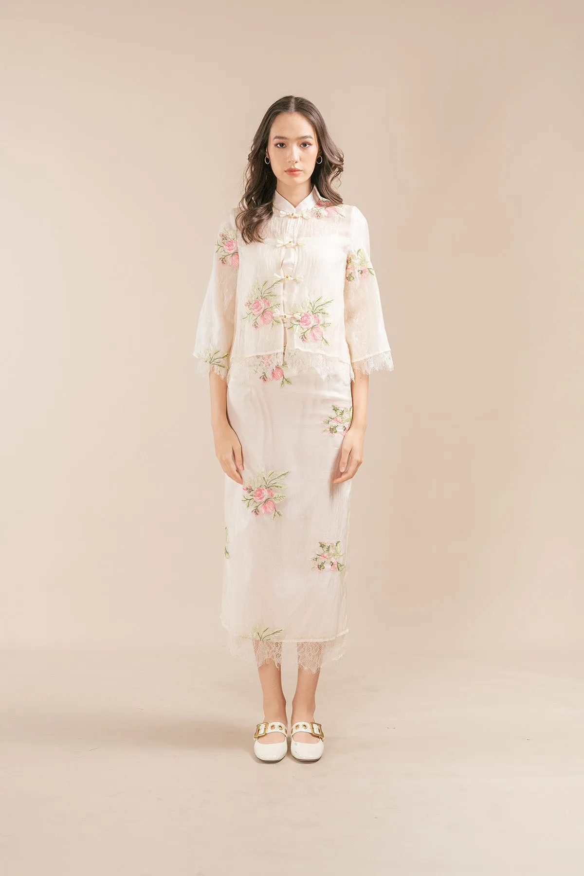 Nerossa Floral Organza Lace Chinese Knot Blouse and Maxi Skirt Set