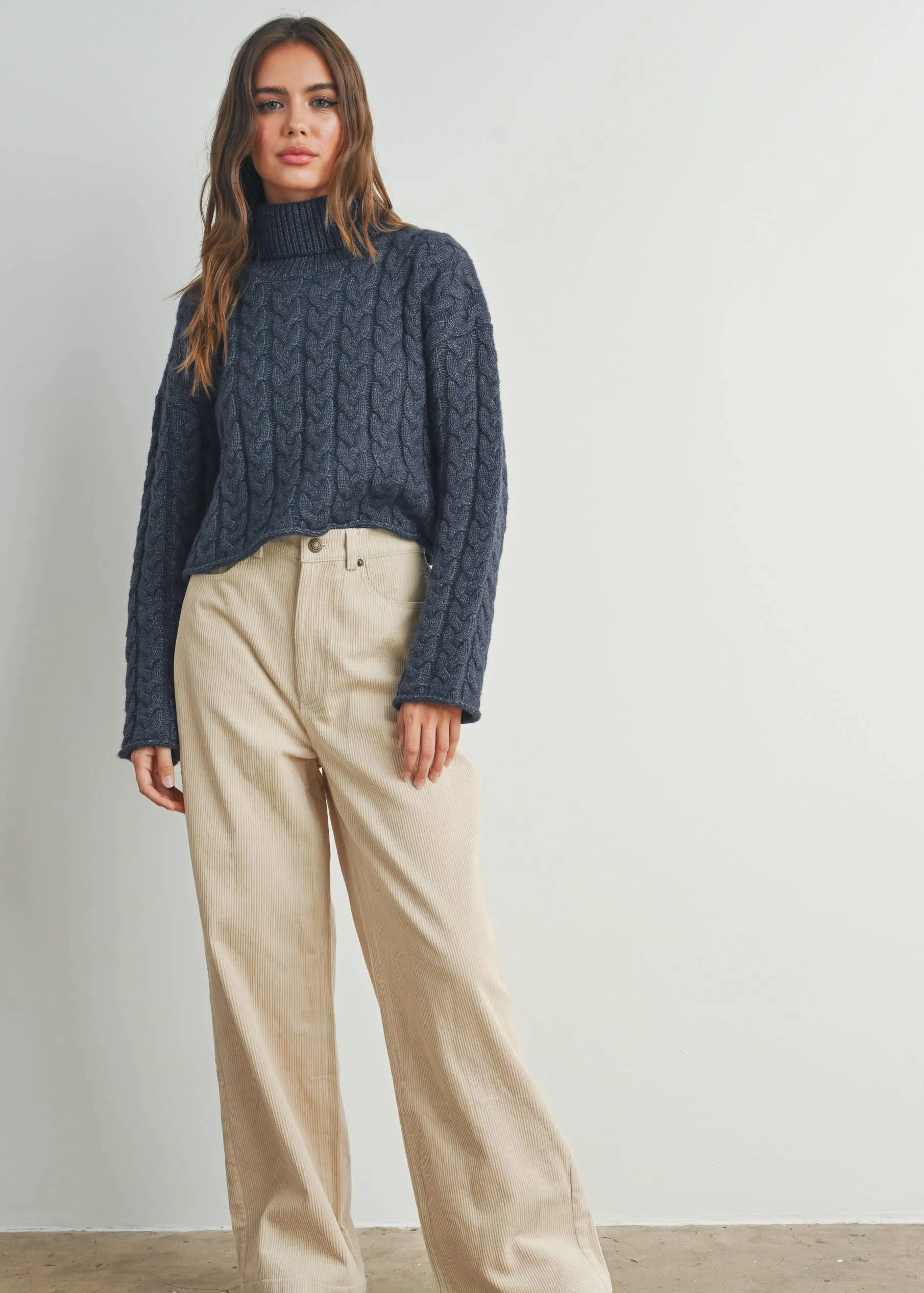 No Nonsense Navy Cable Knit Cropped Turtleneck