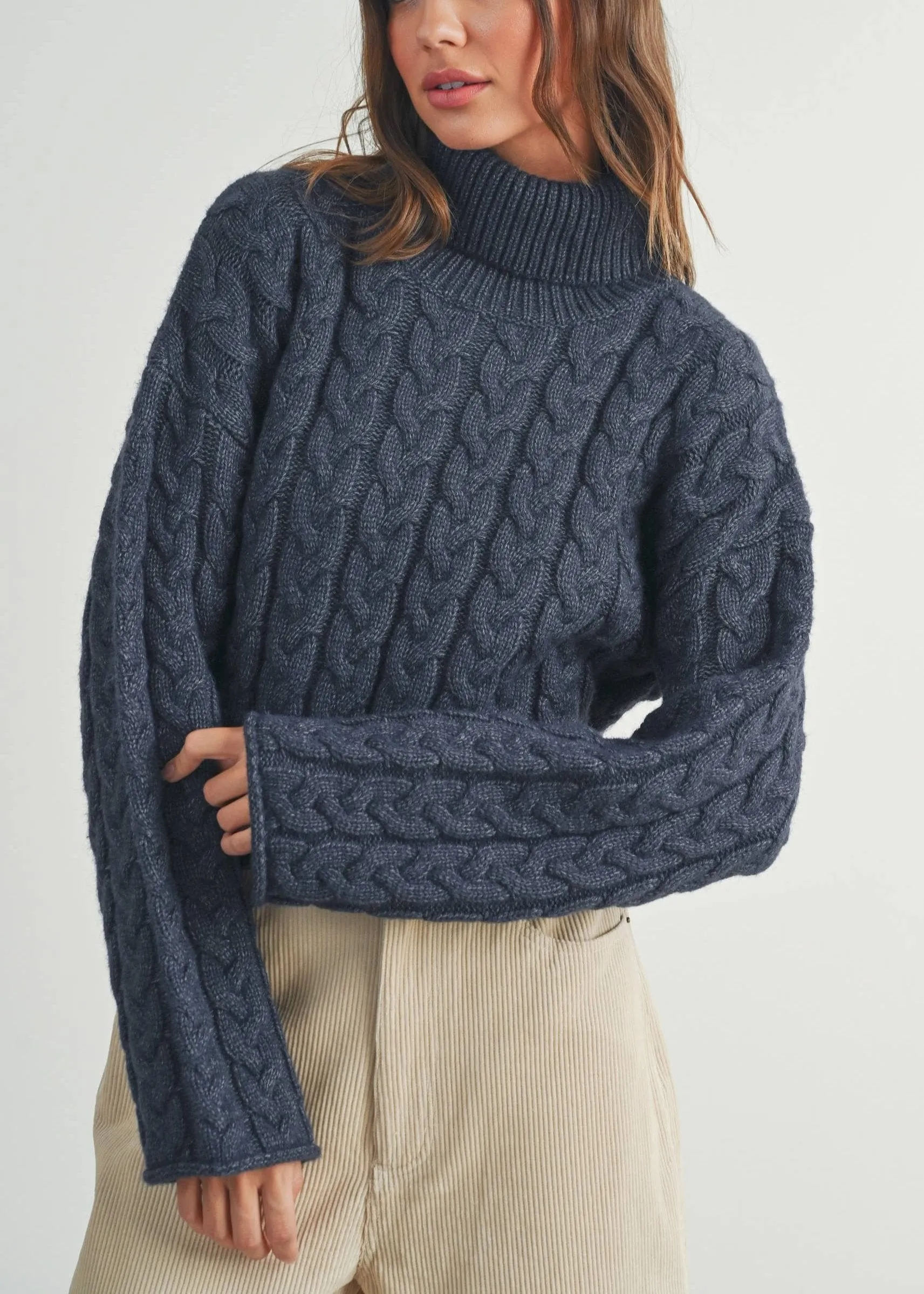 No Nonsense Navy Cable Knit Cropped Turtleneck