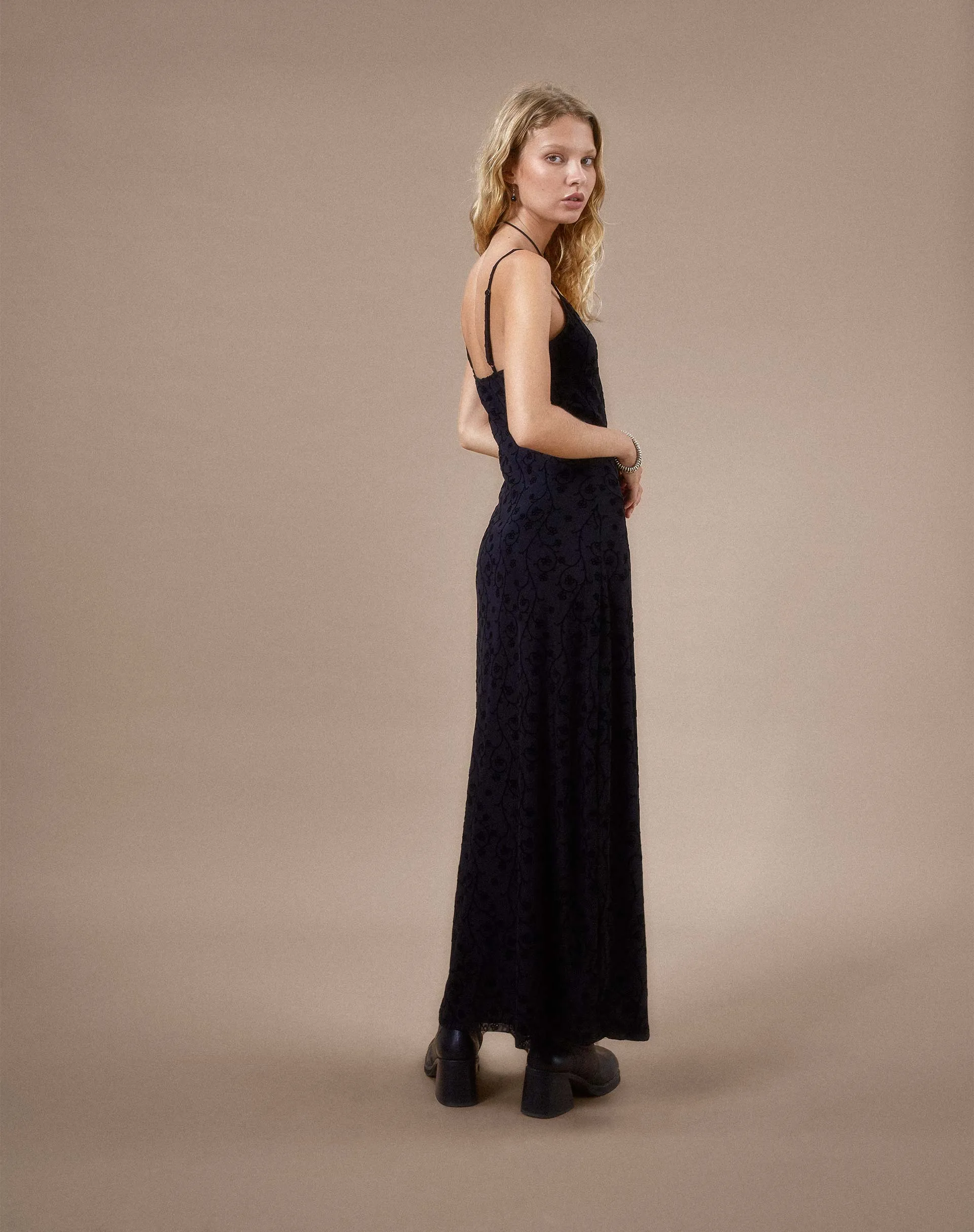 Nodu Maxi Dress in Black Dainty Floral Flock