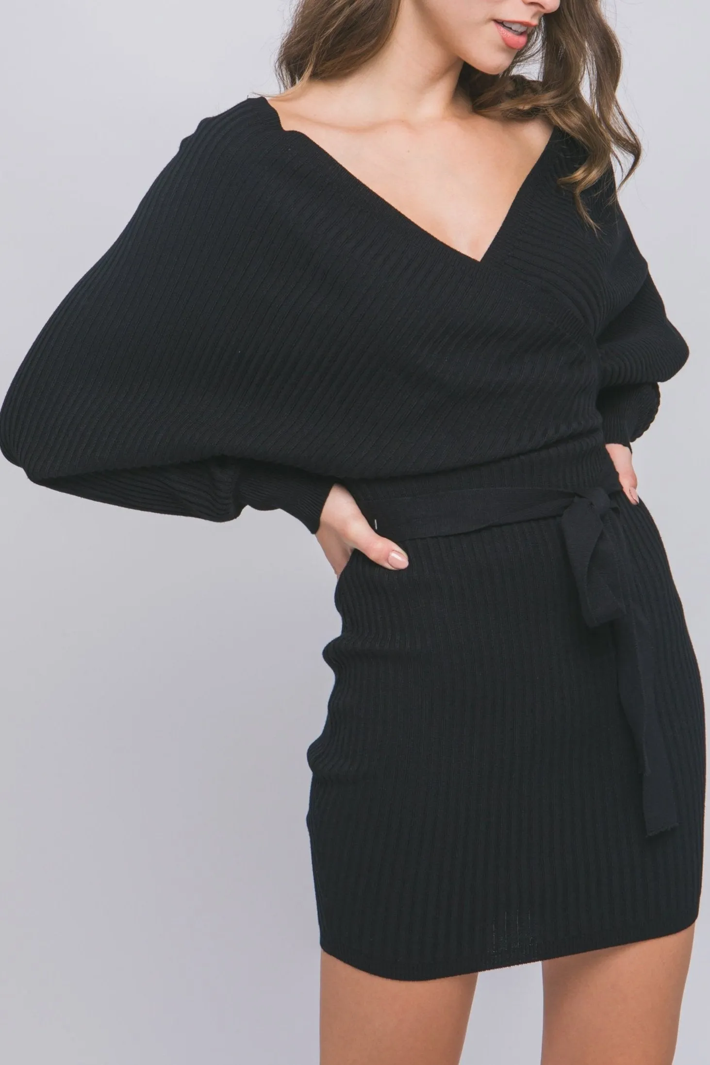 Off Shoulder Wrap Belted Ribbed Knit Dress