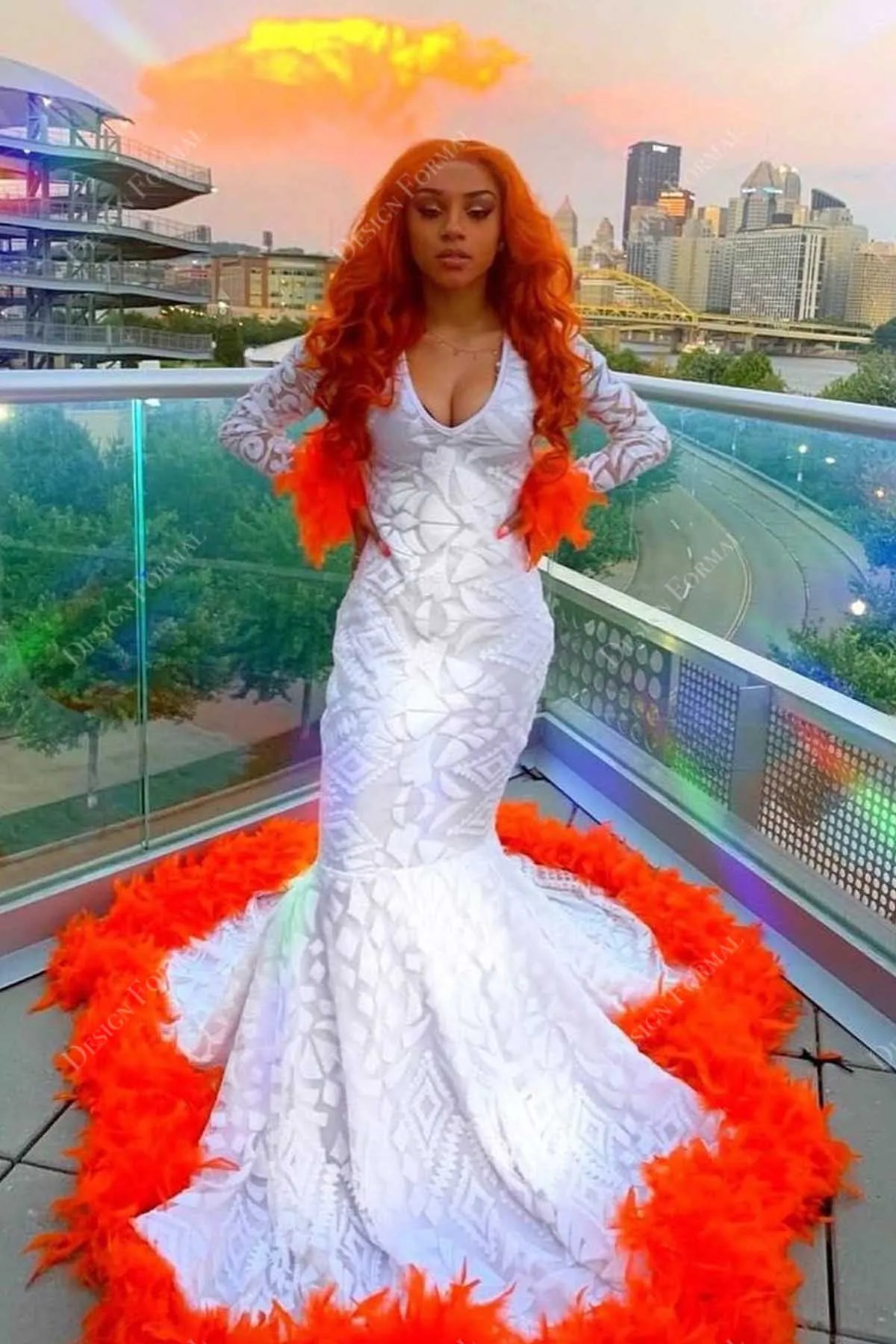 Orange Feathers Ivory Sequin Halter Made-to-Order Mermaid Prom Gown