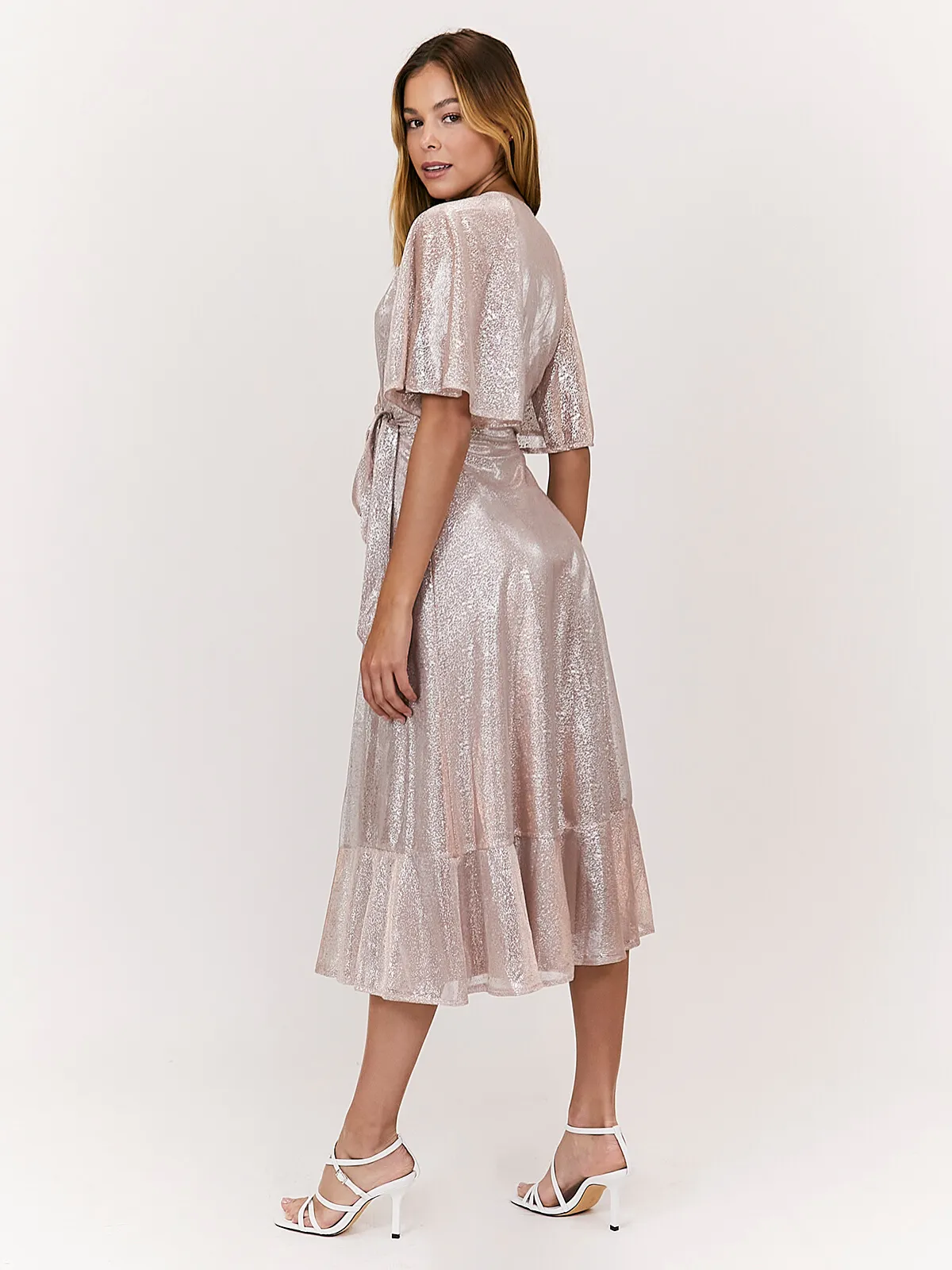 Peyton Angel Sleeve Blush Metallic Wrap Midi Dress