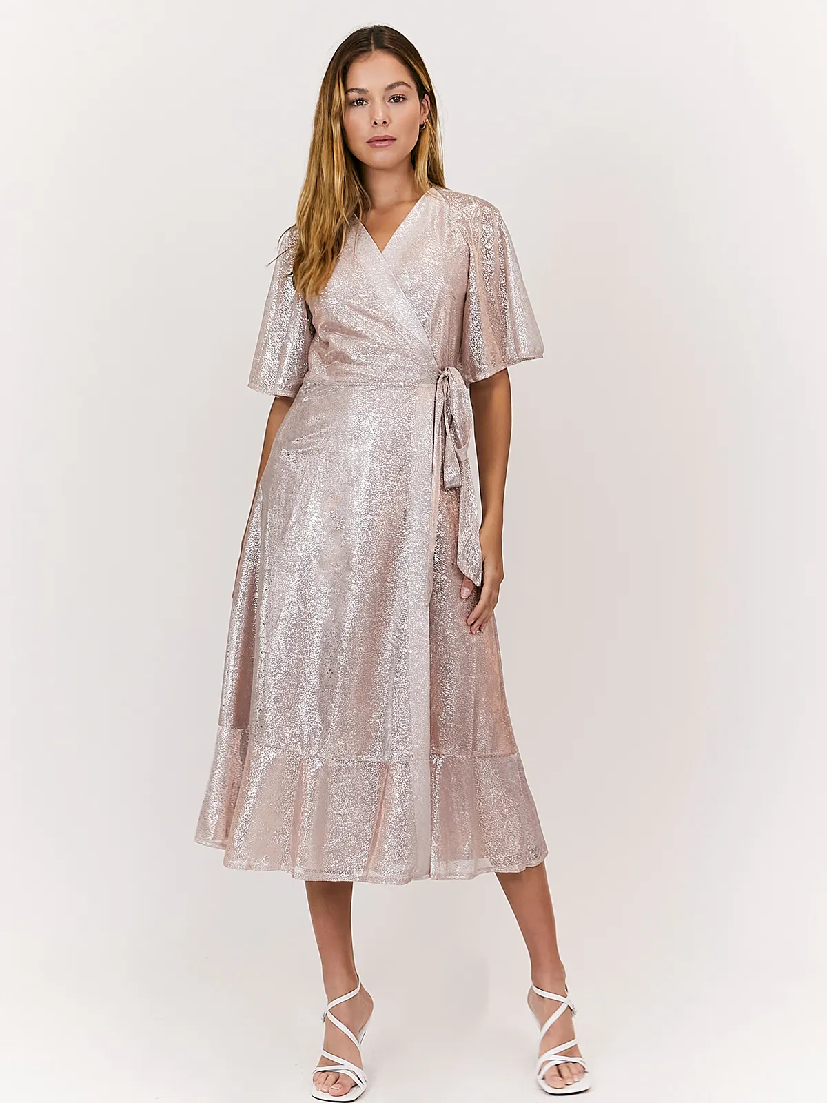 Peyton Angel Sleeve Blush Metallic Wrap Midi Dress