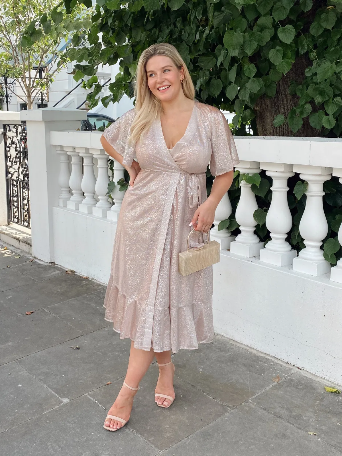 Peyton Angel Sleeve Blush Metallic Wrap Midi Dress