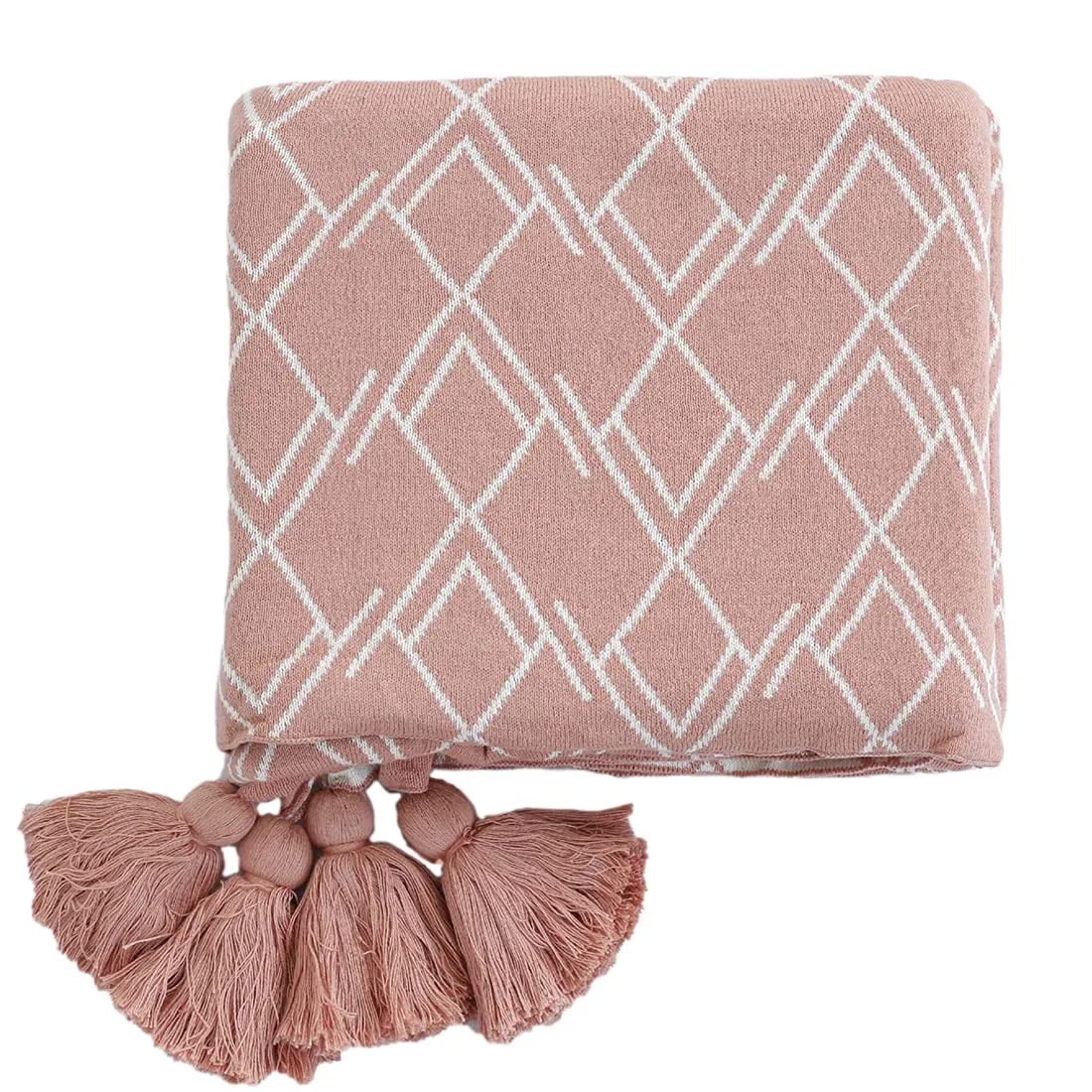 Pluchi Gianna Cotton Knitted All Season AC Throw Blanket in Dusty Coral and Natural Color (125cm x 150cm)