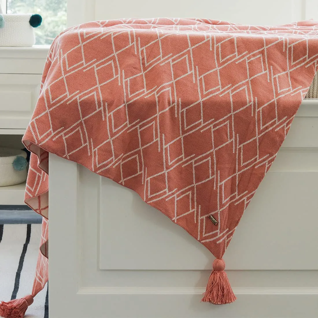 Pluchi Gianna Cotton Knitted All Season AC Throw Blanket in Dusty Coral and Natural Color (125cm x 150cm)