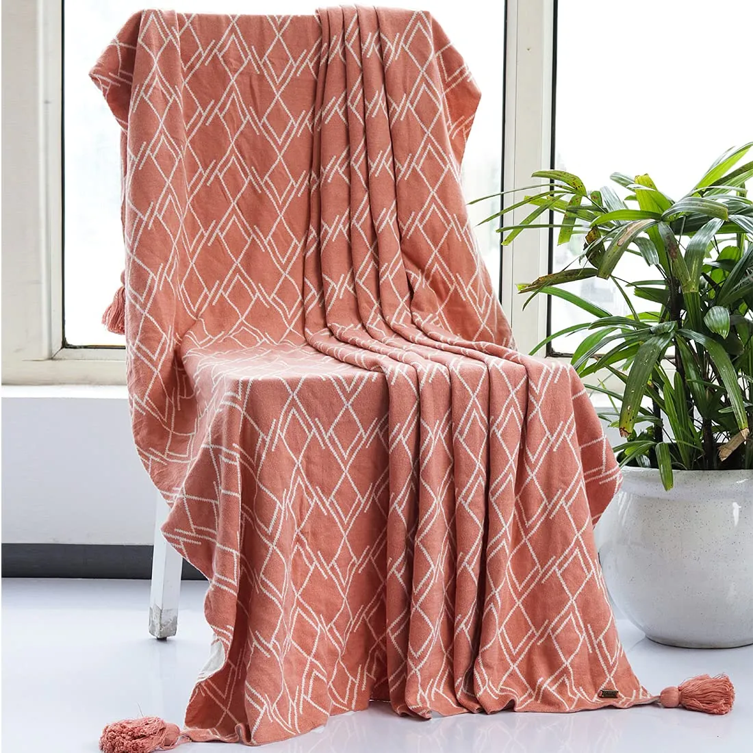 Pluchi Gianna Cotton Knitted All Season AC Throw Blanket in Dusty Coral and Natural Color (125cm x 150cm)