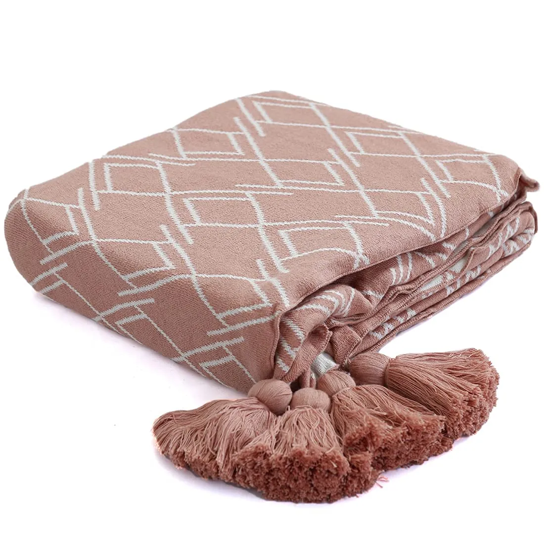 Pluchi Gianna Cotton Knitted All Season AC Throw Blanket in Dusty Coral and Natural Color (125cm x 150cm)