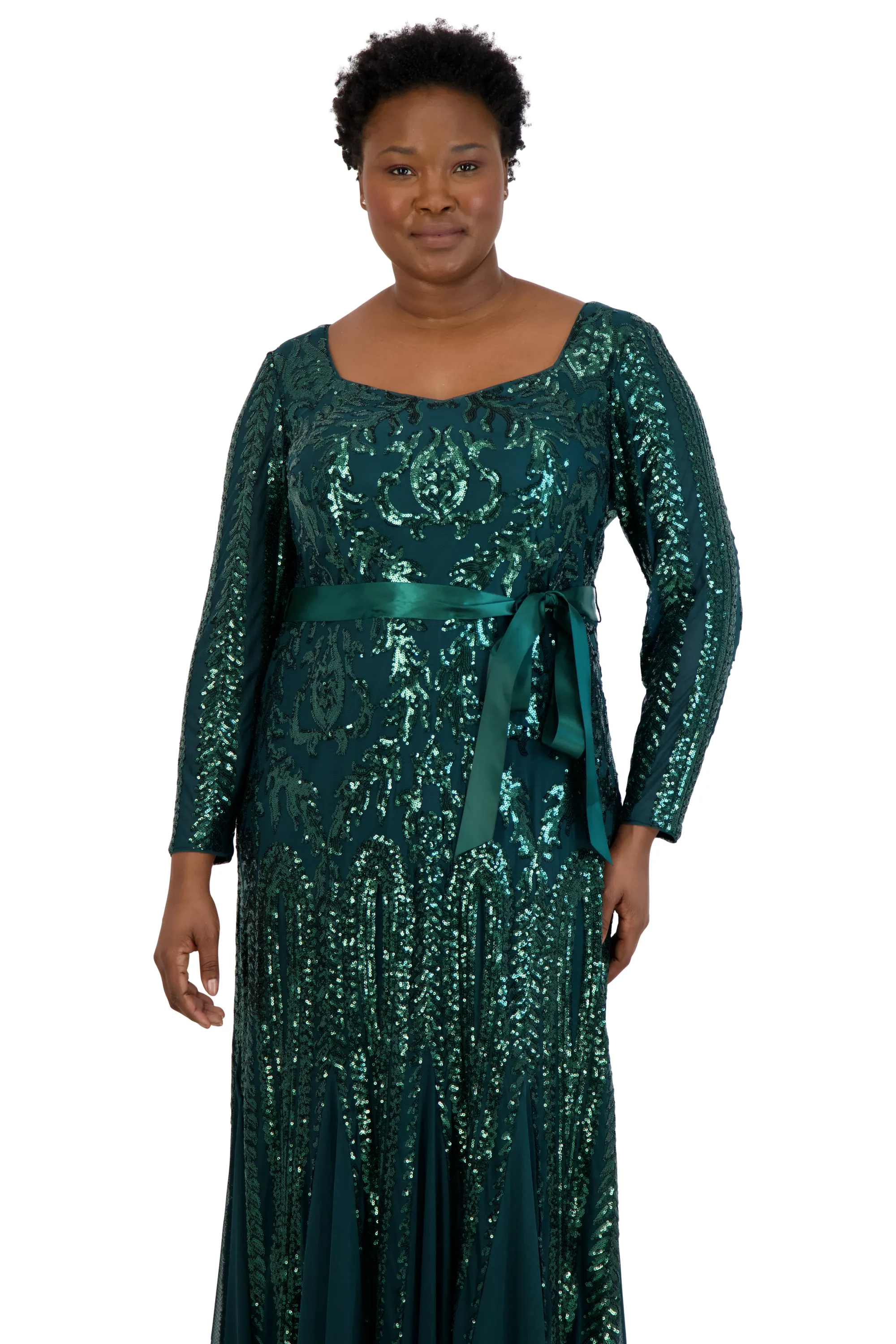 Plus Size Sequined Evening Gown with Long Sleeves