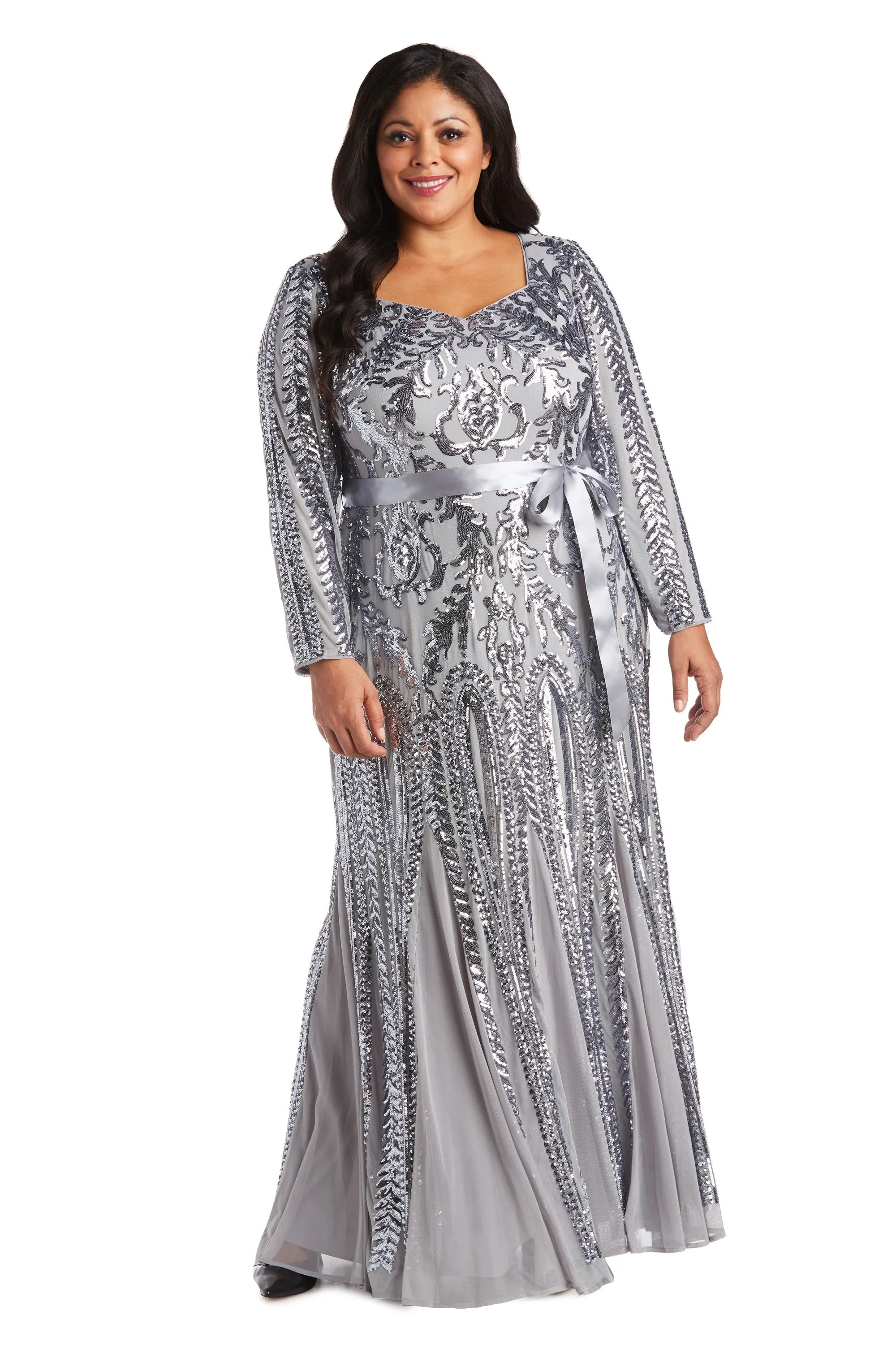 Plus Size Sequined Evening Gown with Long Sleeves