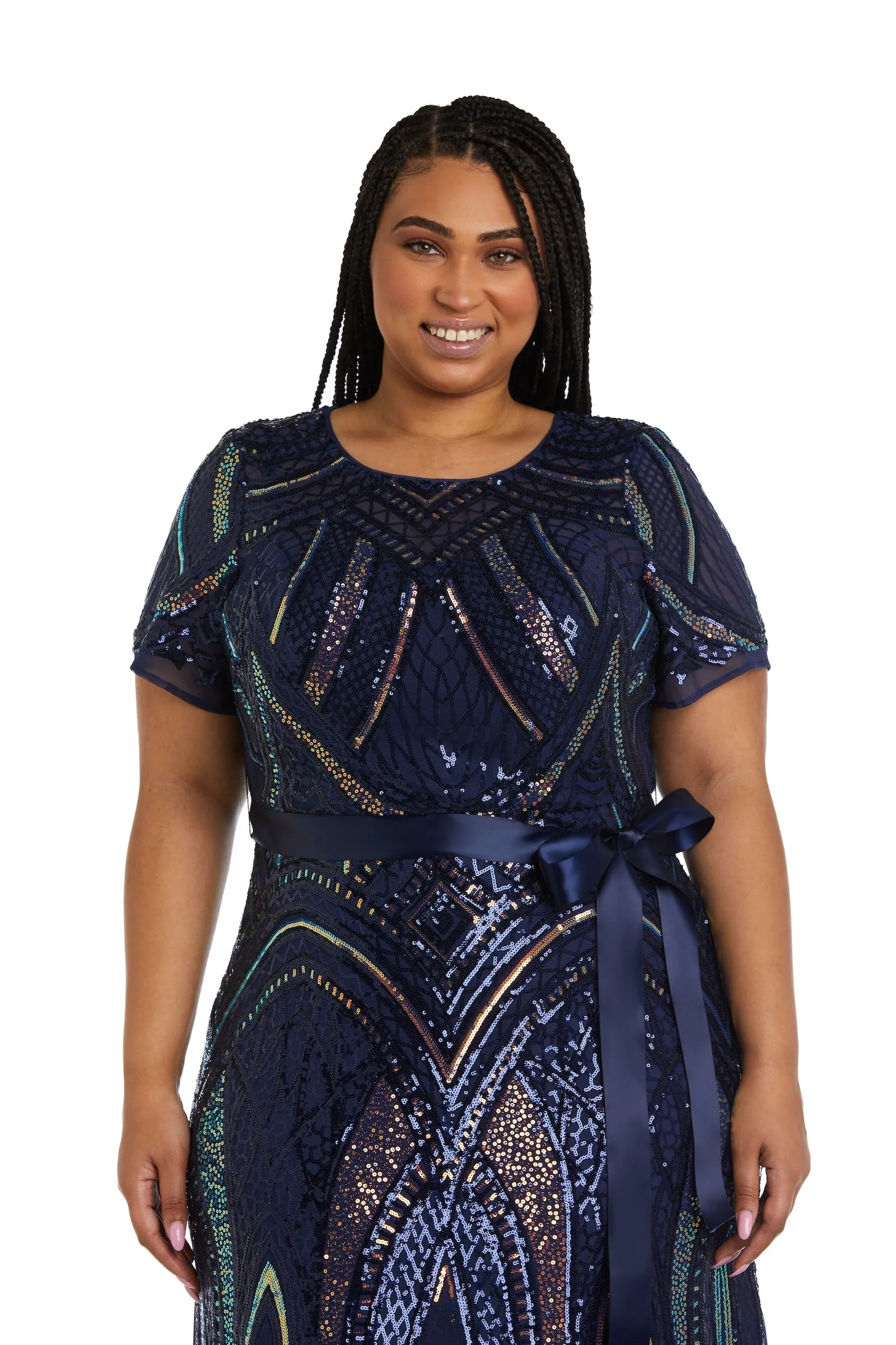 Plus Size Women Short Sleeve Sequined Rainbow Evening Gown