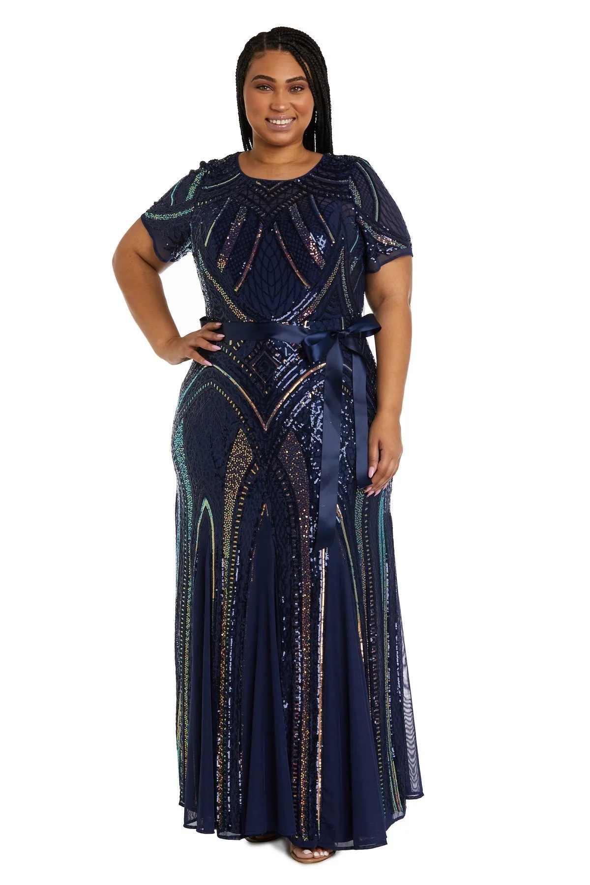 Plus Size Women Short Sleeve Sequined Rainbow Evening Gown