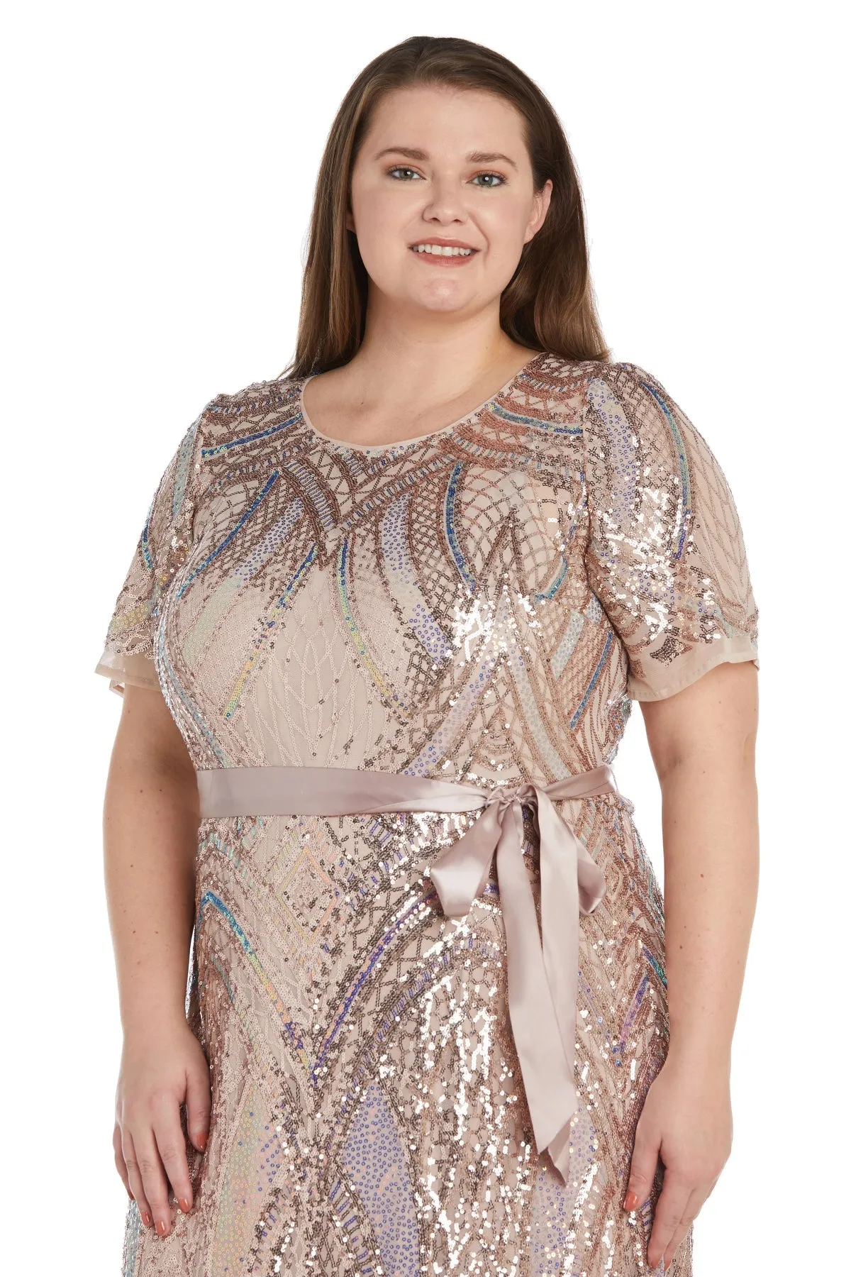 Plus Size Women Short Sleeve Sequined Rainbow Evening Gown