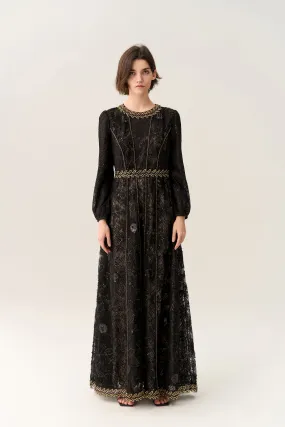 Prestige Sequined Puff-sleeve Bead-detail Lace Gown