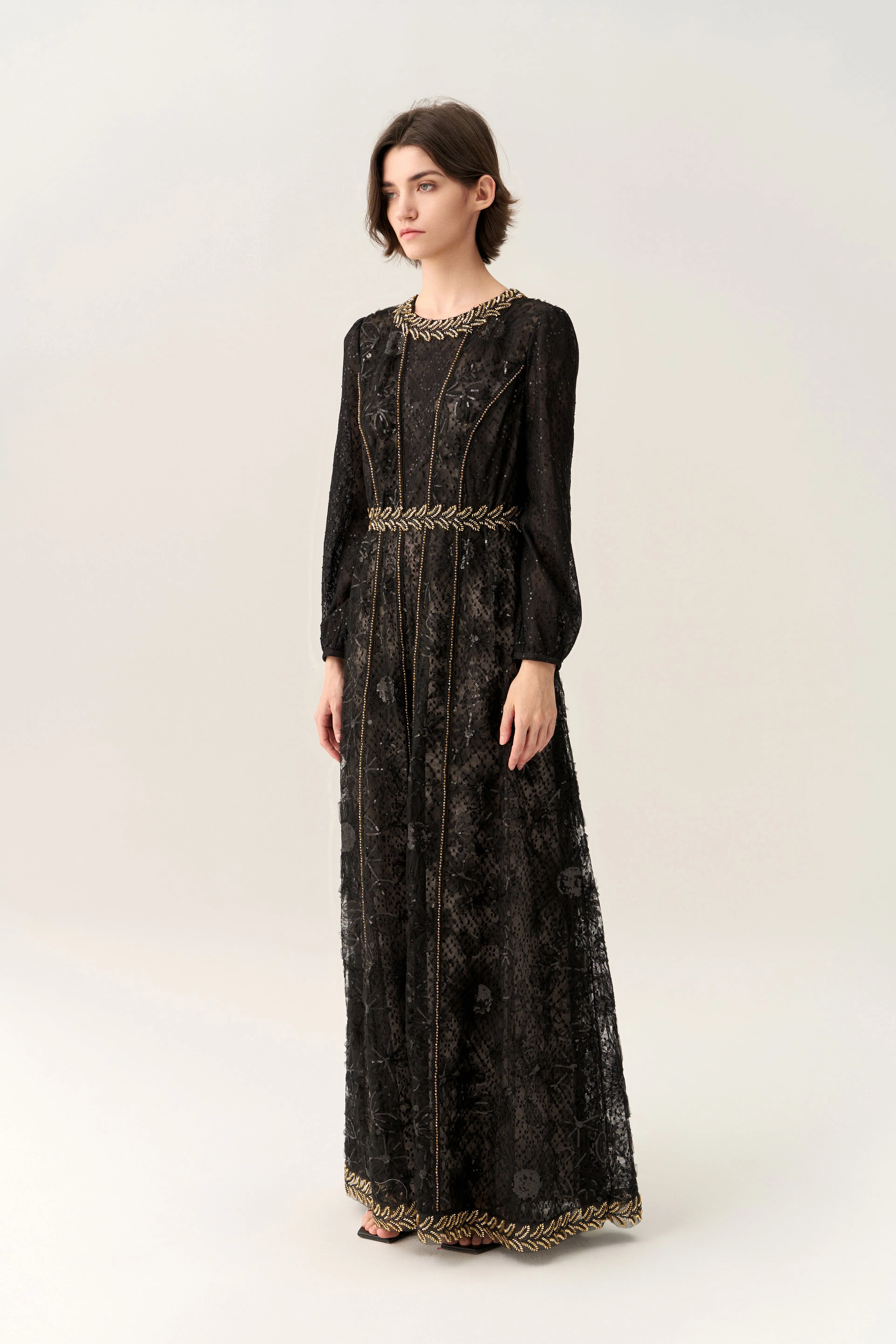 Prestige Sequined Puff-sleeve Bead-detail Lace Gown