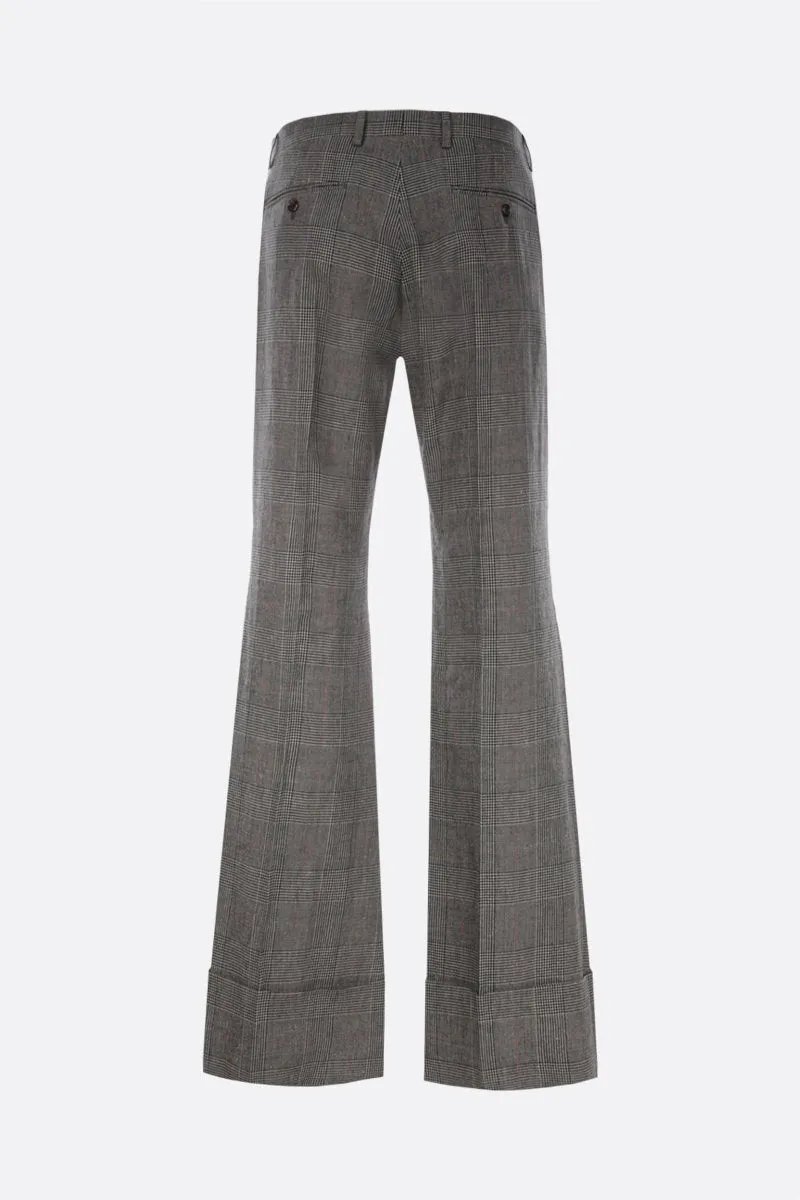 Prince of Wales Plaid Wool-Linen Flare Pants