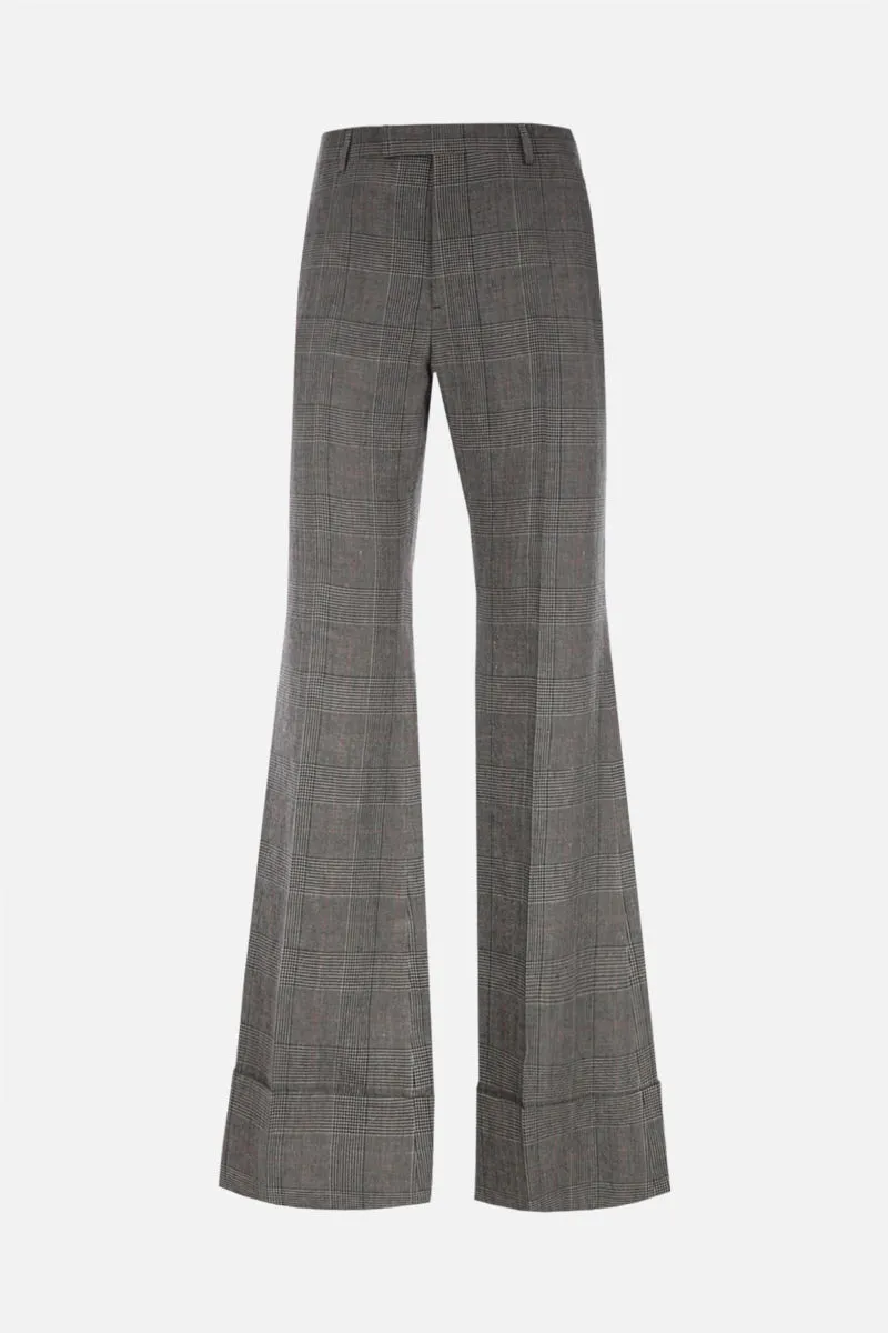 Prince of Wales Plaid Wool-Linen Flare Pants