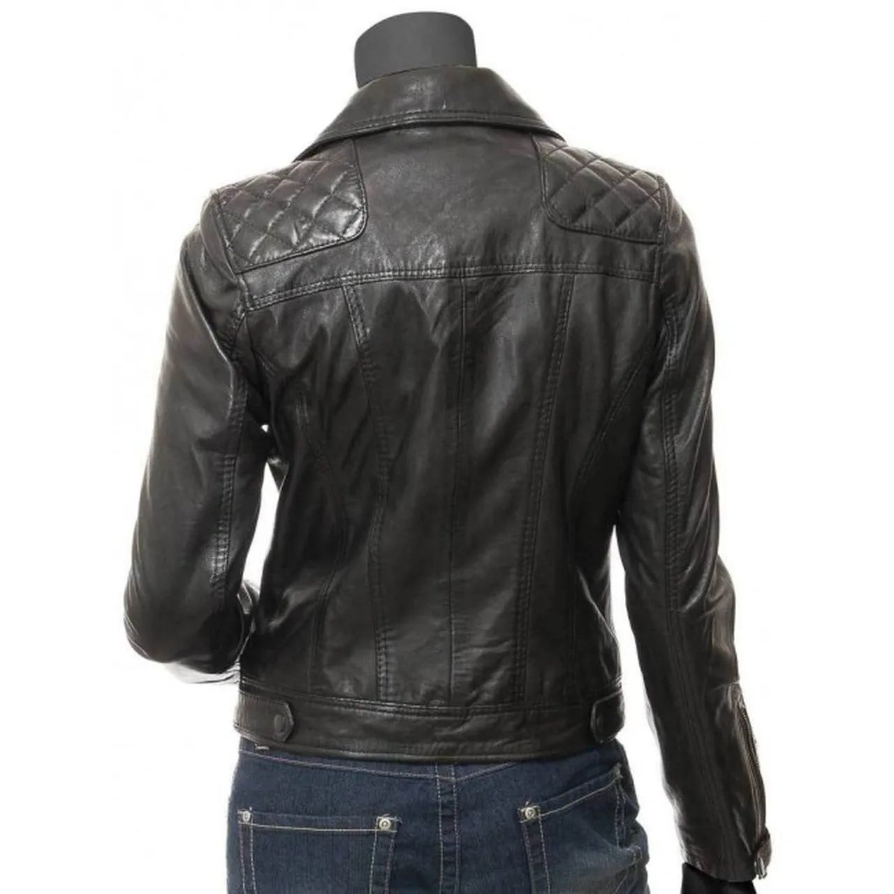 Quilted Leather Motorcycle Jacket For Women