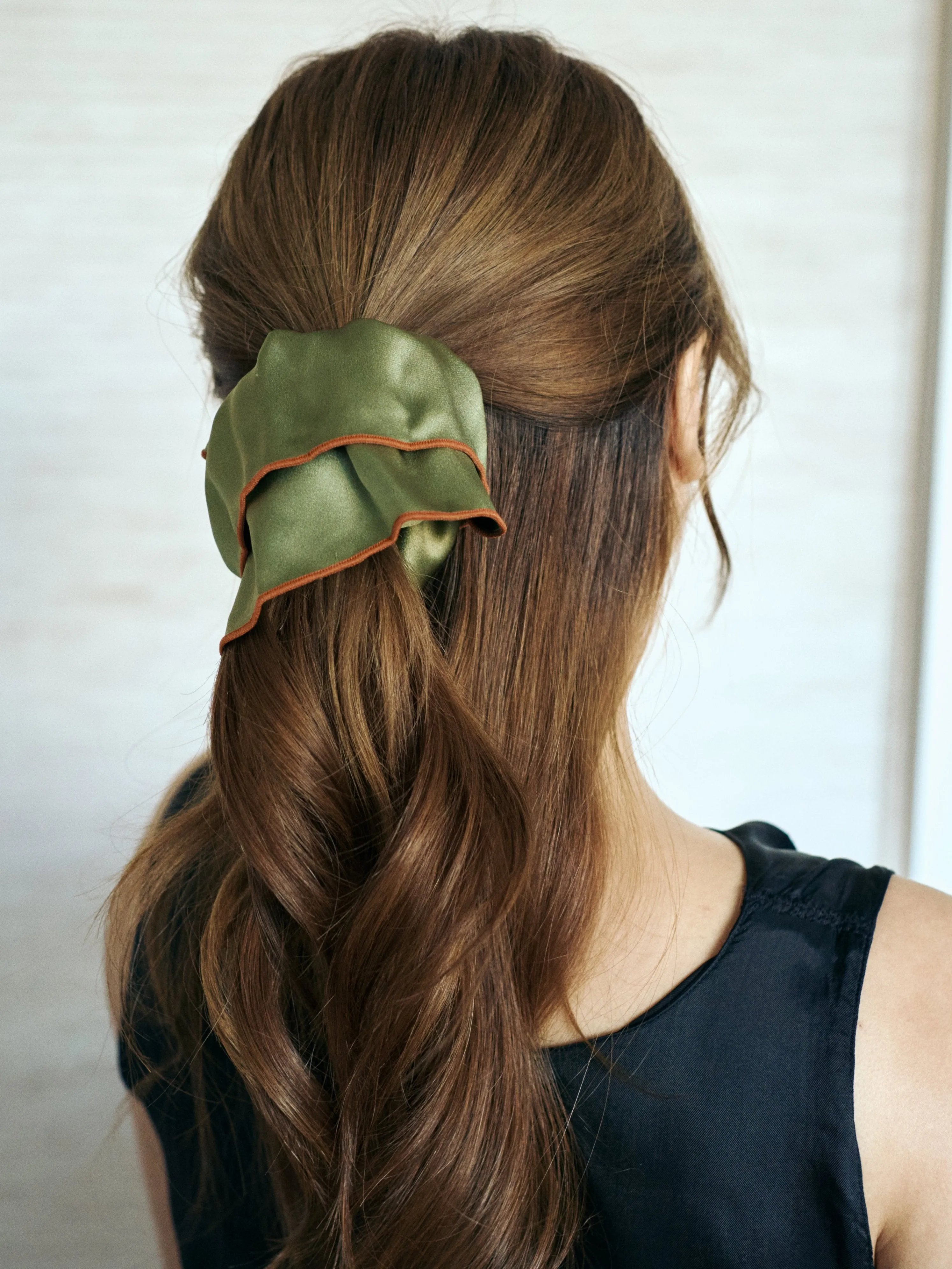 "Maxi Flower" Double-Layer Oversized Silk Scrunchie - Martini Olive