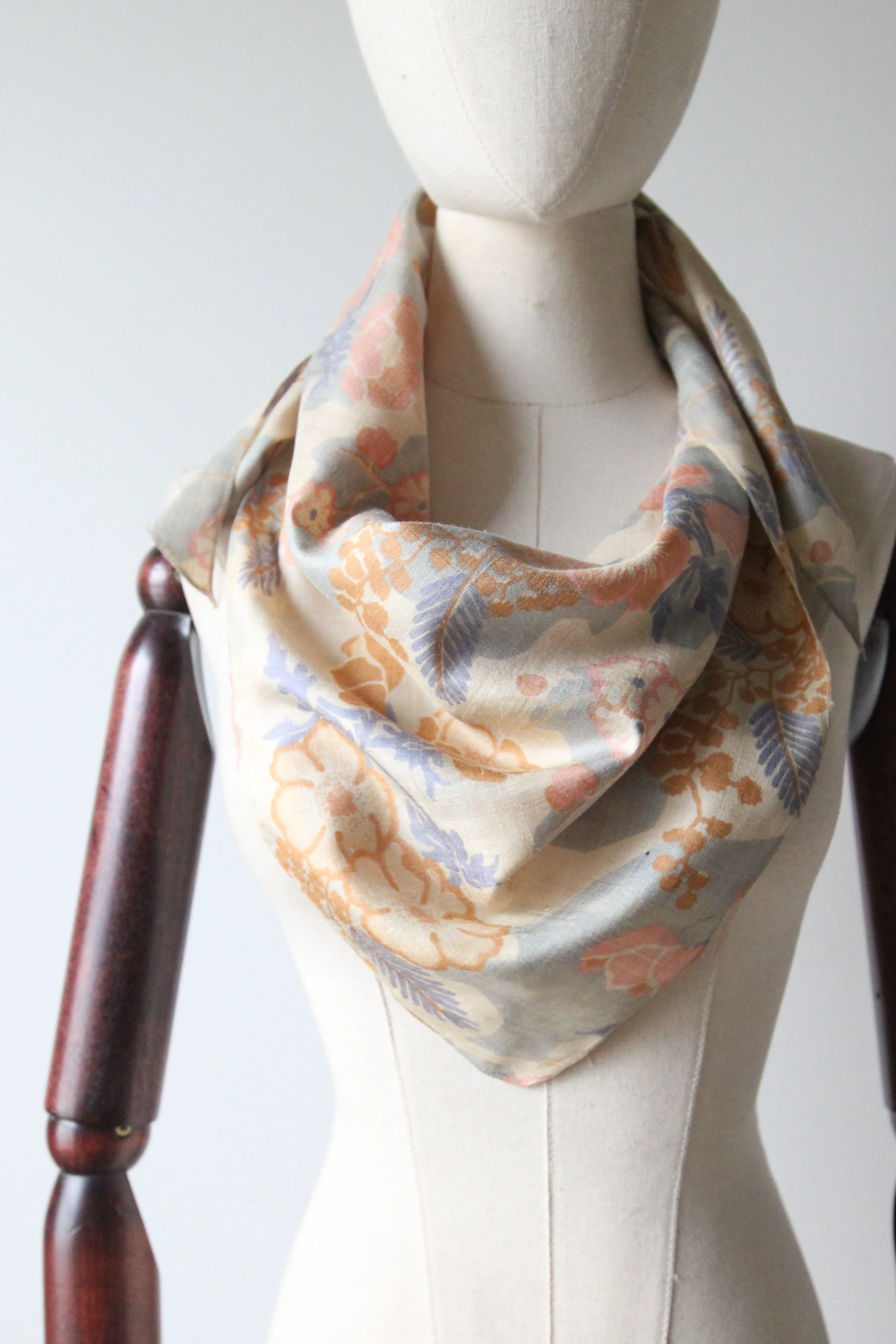 "Muted Florals" Vintage 1920's Pongee Silk Neck Scarf