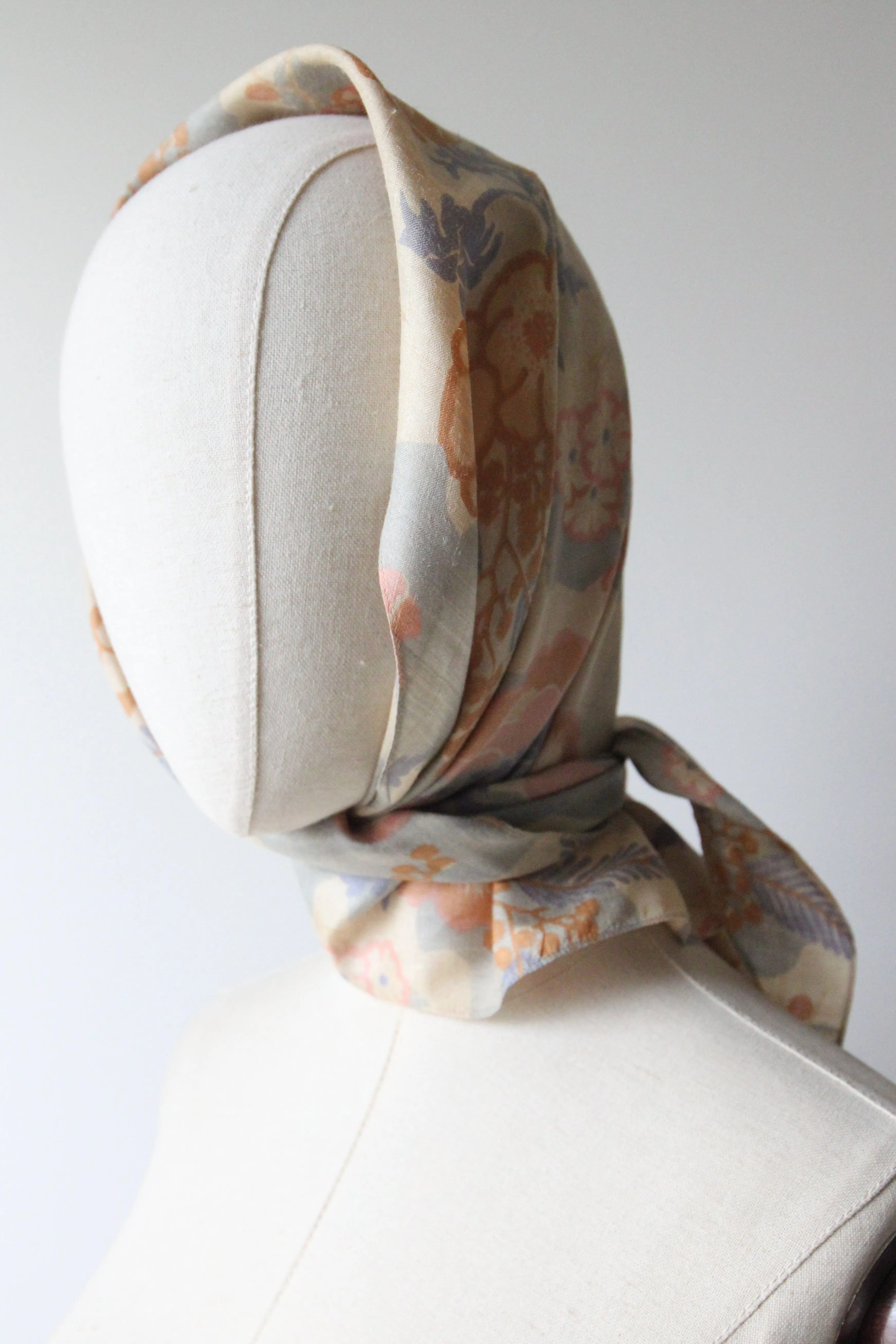 "Muted Florals" Vintage 1920's Pongee Silk Neck Scarf