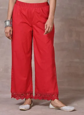 Red Flared Palazzo with Hem Cut Work