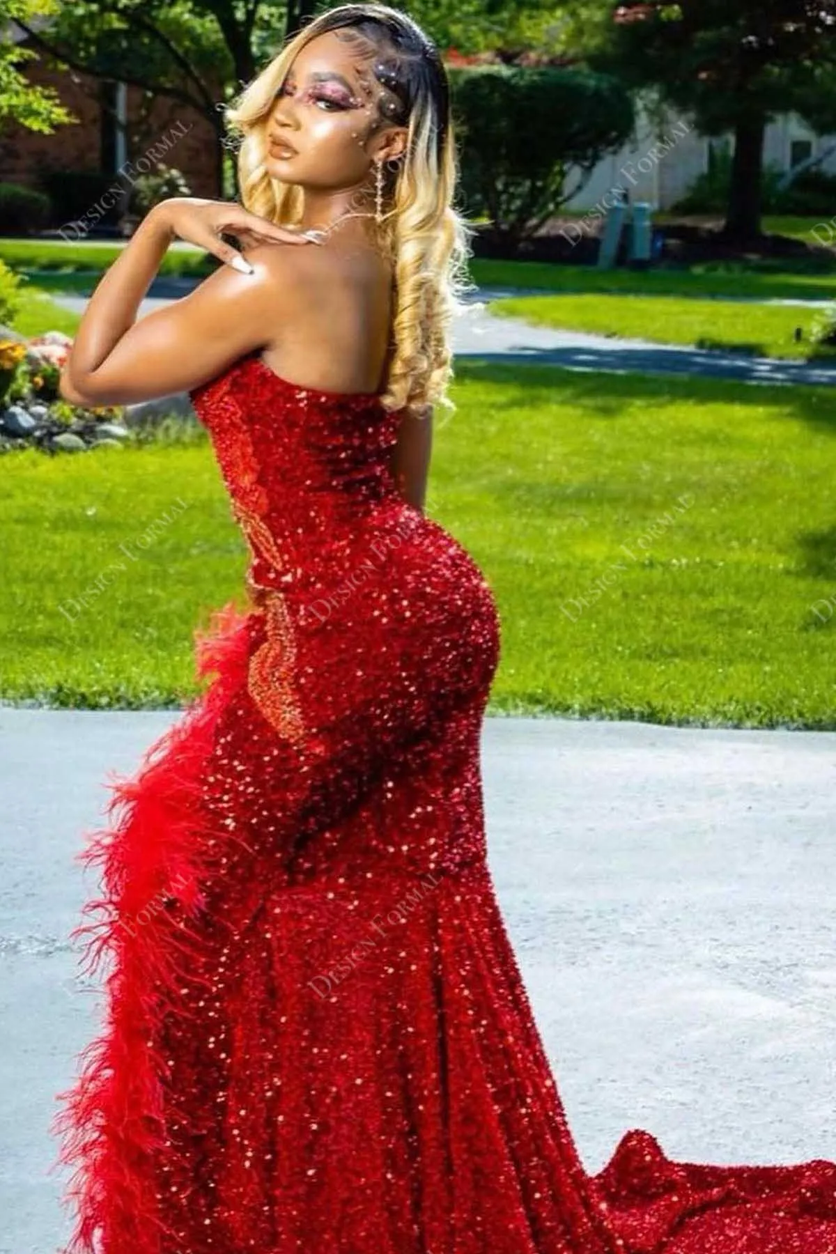 Red Sequin Mermaid Strapless Feather Handmade Prom Gown