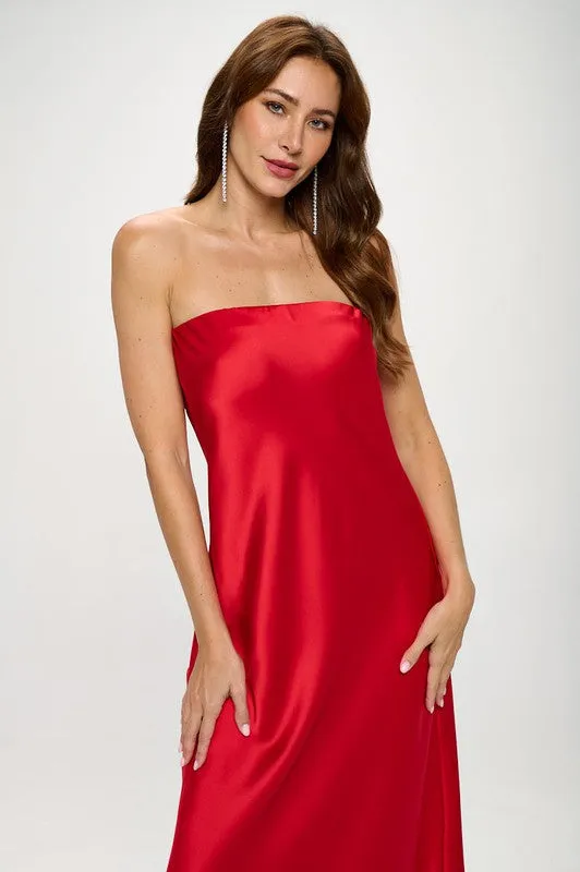 Red Strapless Satin Maxi Dress New Women's Fashion Formal Elegant Made in USA Silky Satin Tube Draped Dress