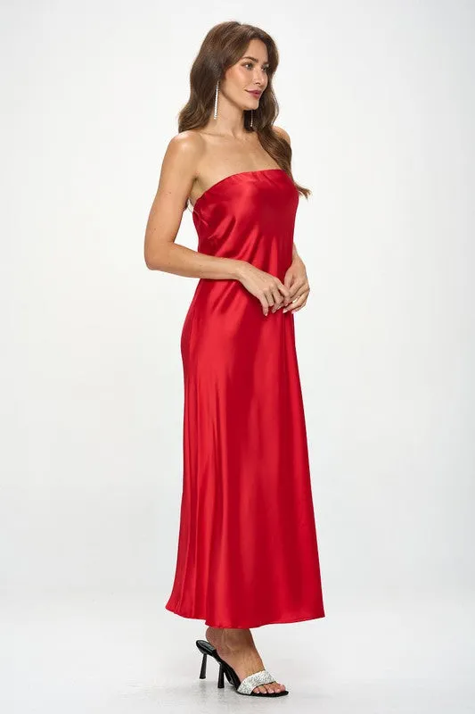 Red Strapless Satin Maxi Dress New Women's Fashion Formal Elegant Made in USA Silky Satin Tube Draped Dress