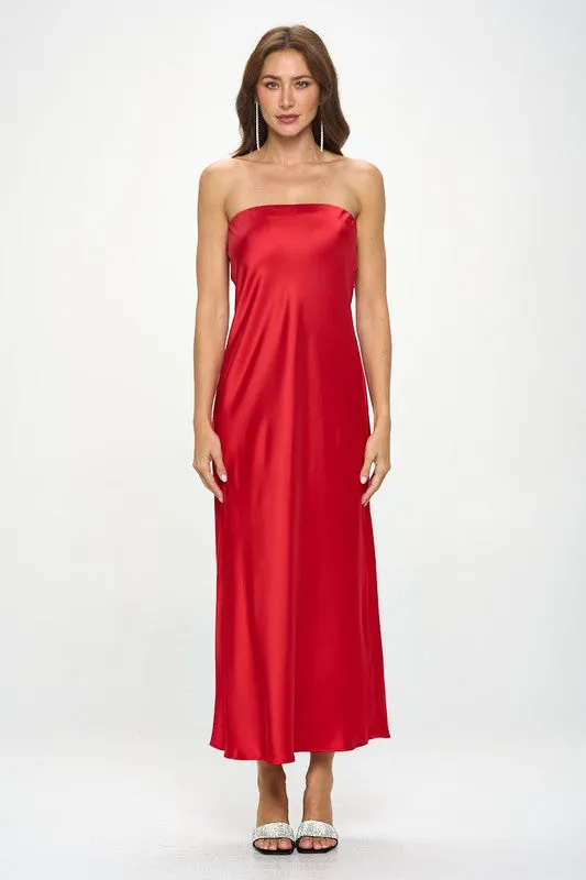 Red Strapless Satin Maxi Dress New Women's Fashion Formal Elegant Made in USA Silky Satin Tube Draped Dress