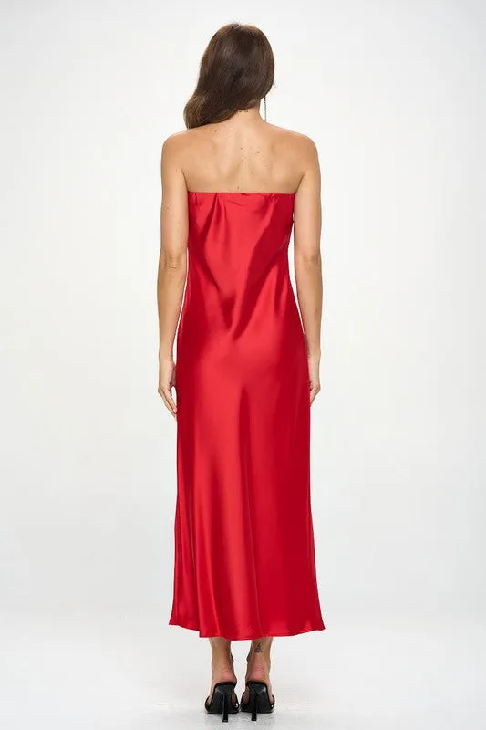 Red Strapless Satin Maxi Dress New Women's Fashion Formal Elegant Made in USA Silky Satin Tube Draped Dress