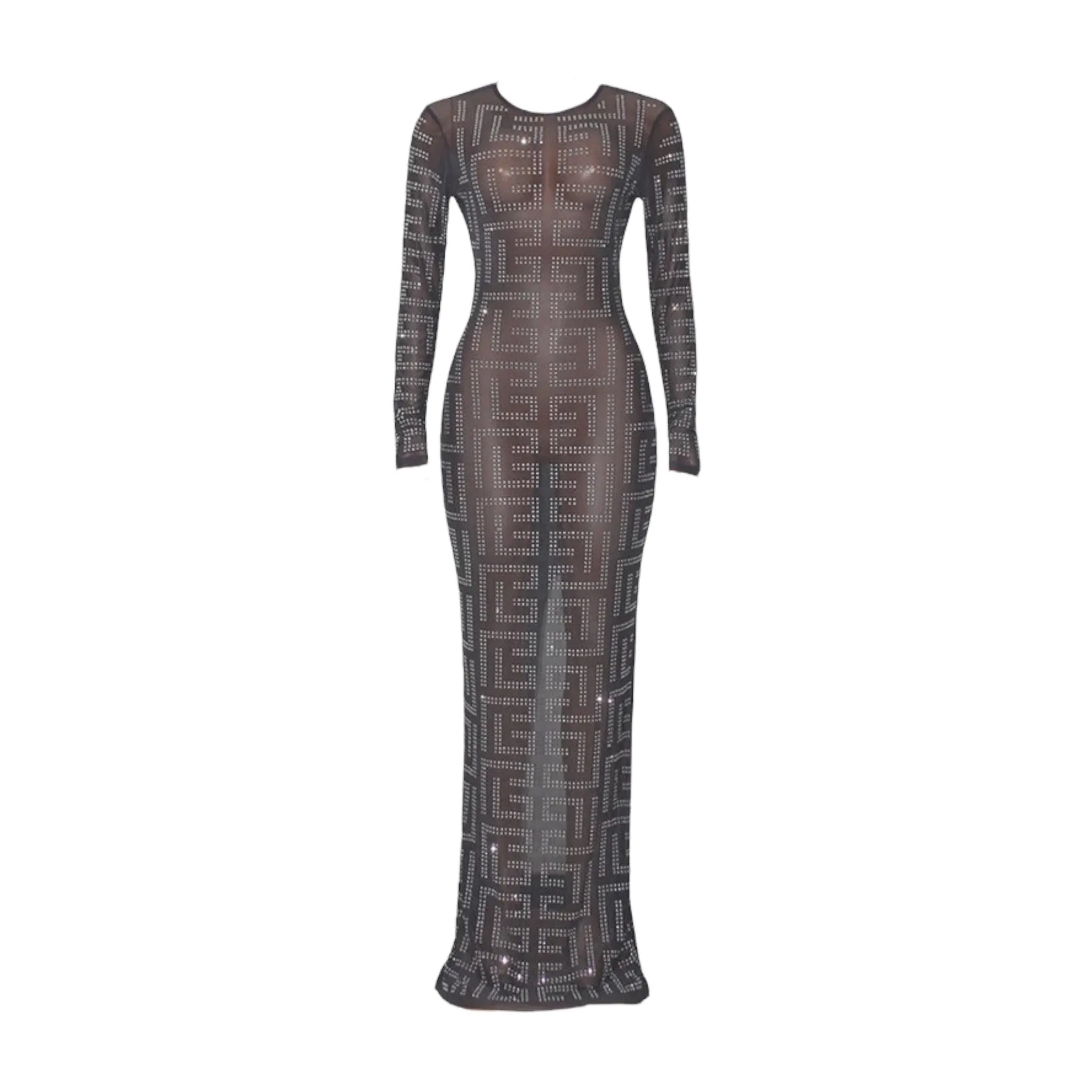 Rhinestone Decorated Long Sleeved Mesh Maxi Dress