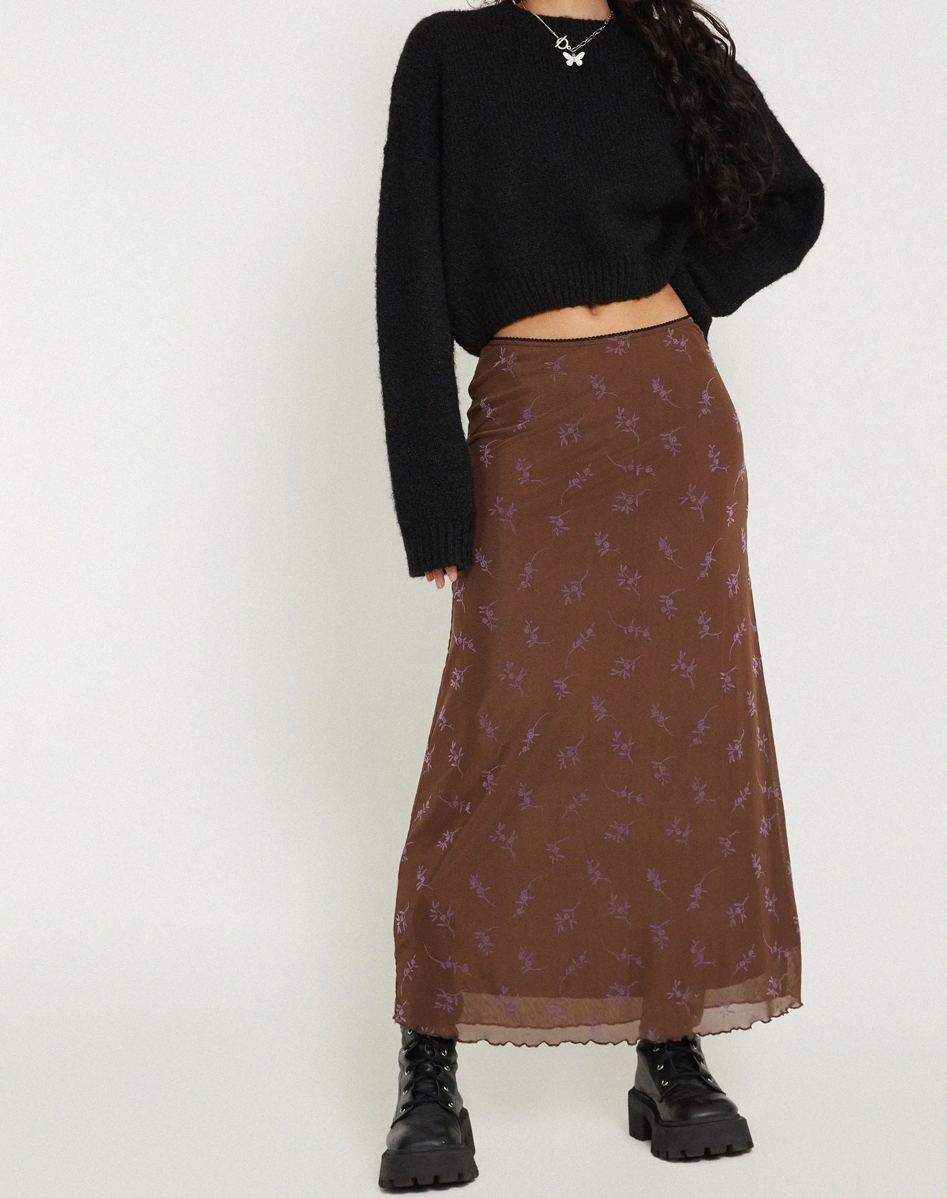 Rindu Maxi Skirt in Flower Stem Flock Brown